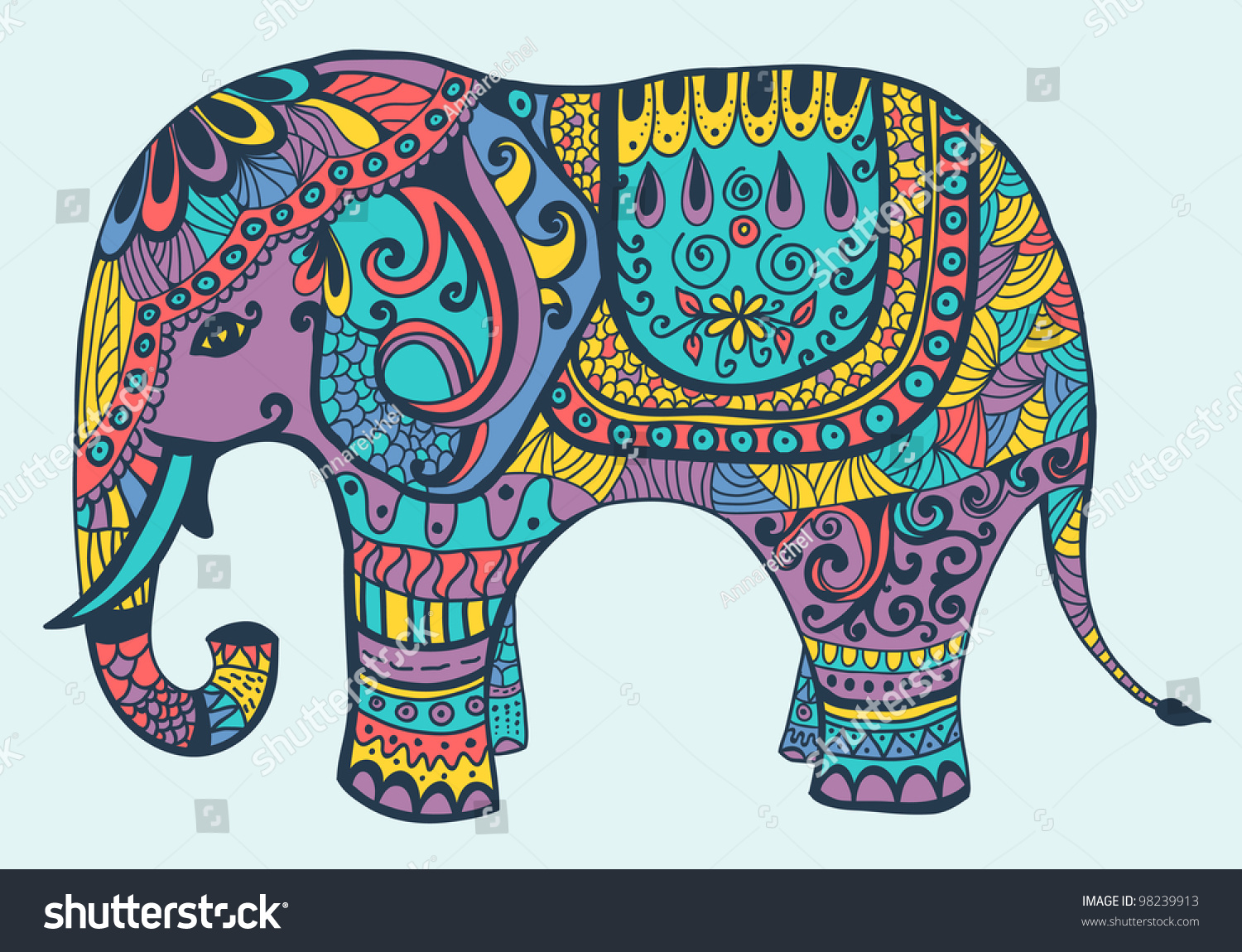 Stylized Vector Patterned Elephant Violet Yellow Stock Illustration ...