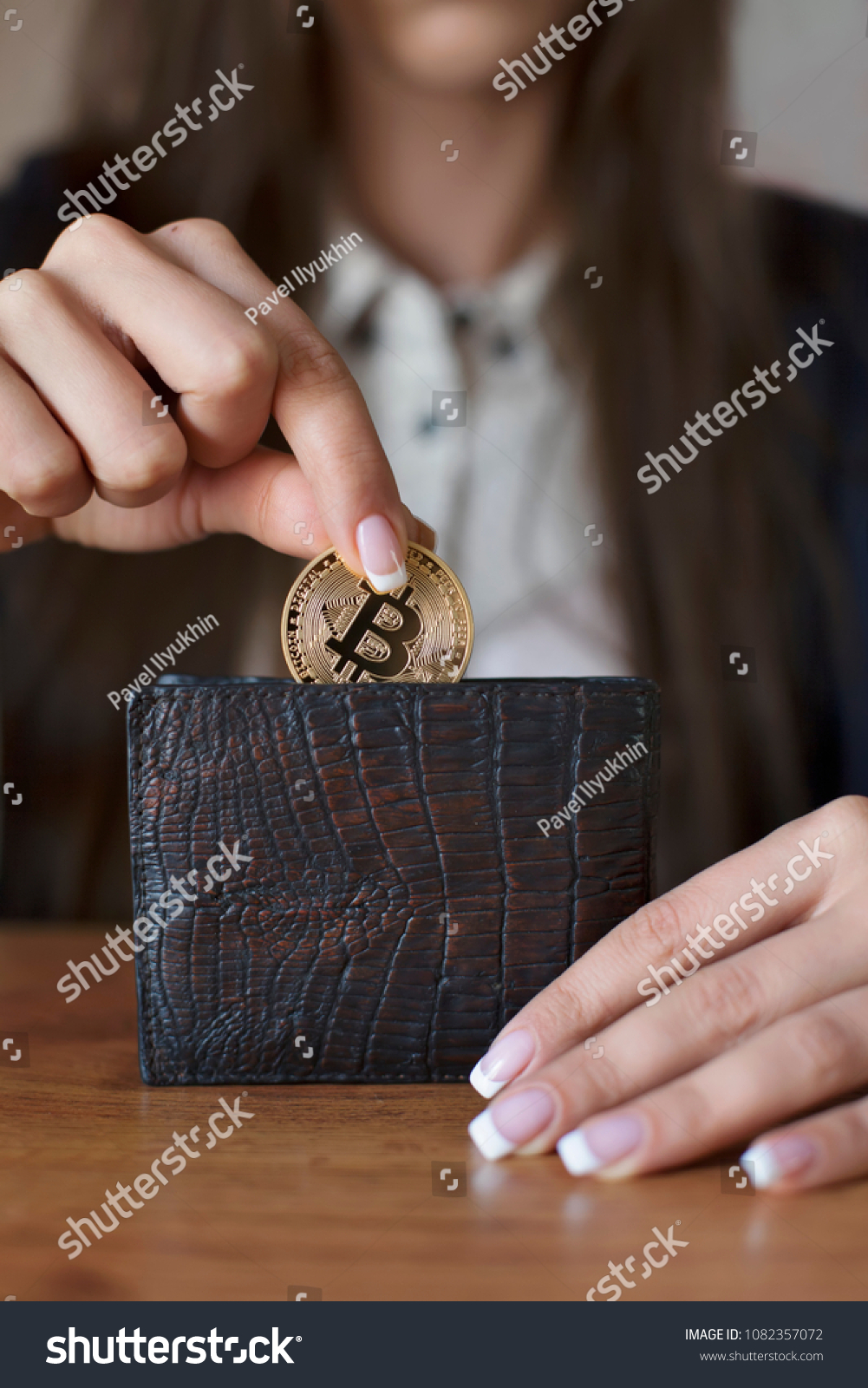 Successfully Woman Put Bitcoin Into Wallet Stock Photo Edit No!   w - 