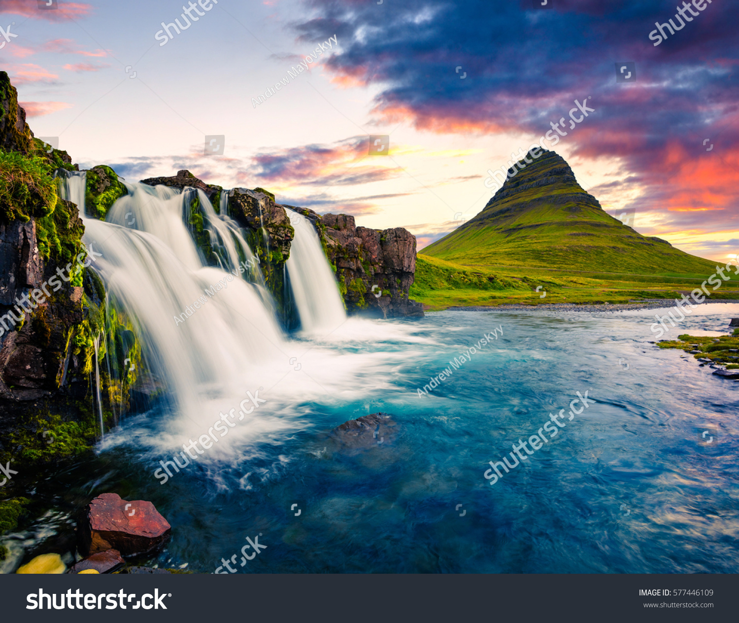 Summer Sunset On Famous Kirkjufellsfoss Waterfall Stock Photo 577446109 ...