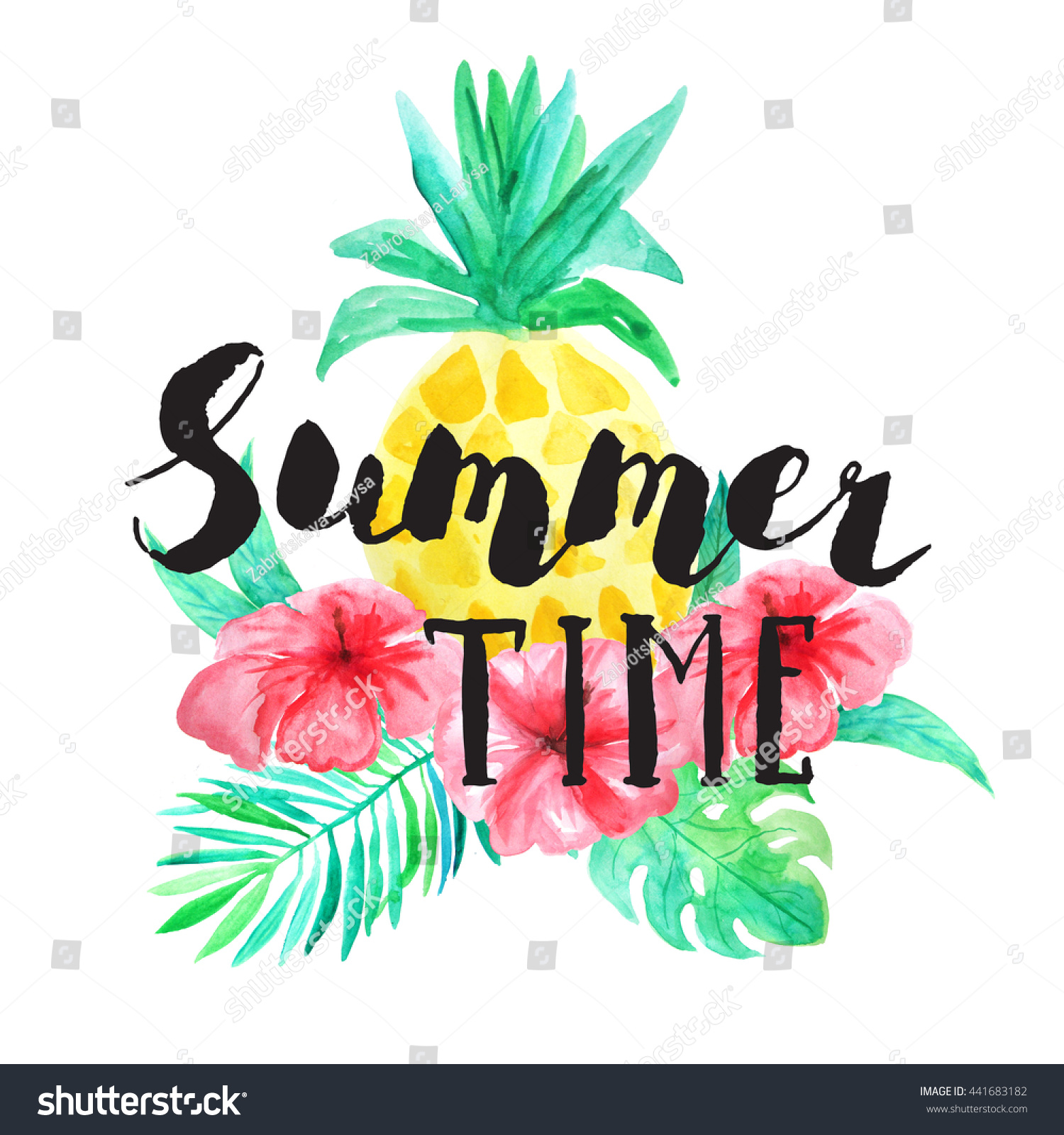 Summer Time Lettering Set Watercolor Tropical Stock Illustration 441683182