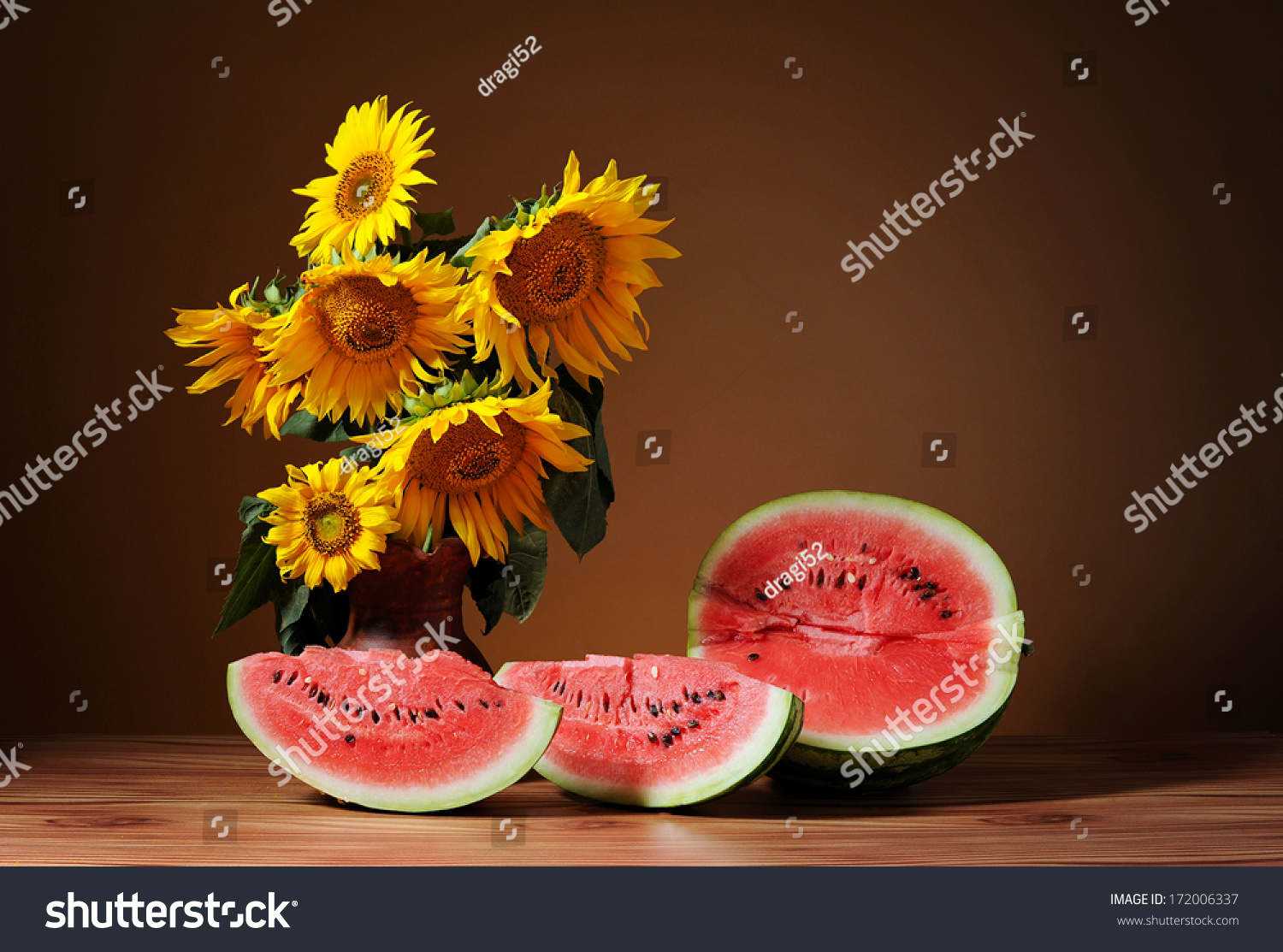 Sunflowers Vase Watermelon On Table Stock Photo Edit Now 172006337