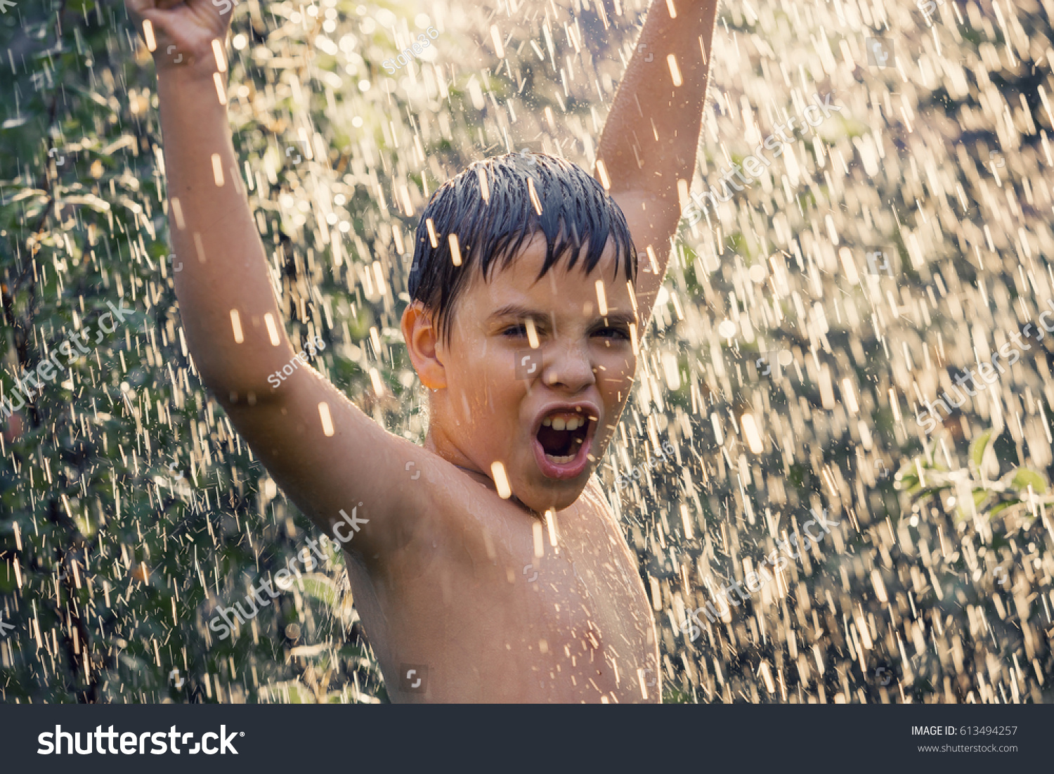 Sunlight Shower Screaming Boy Under Downpour Stock Photo 613494257 ...