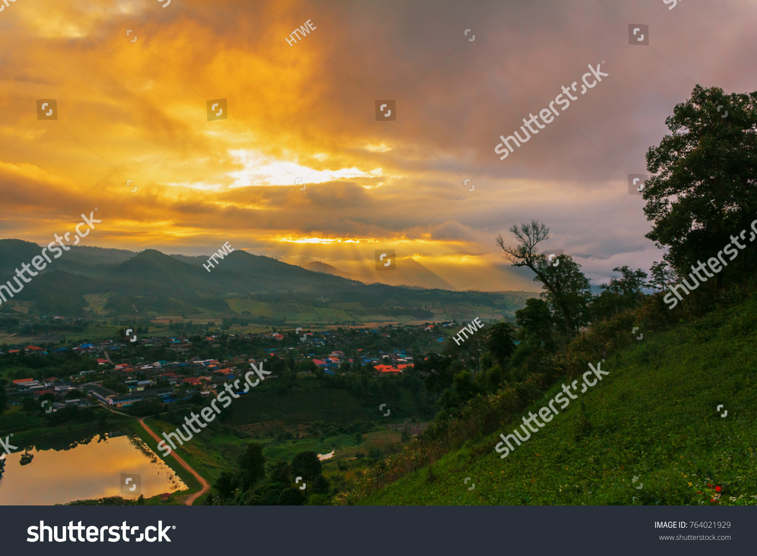 Sunrise Landscape Village Mountains Sky Stock Photo 764021929 ...