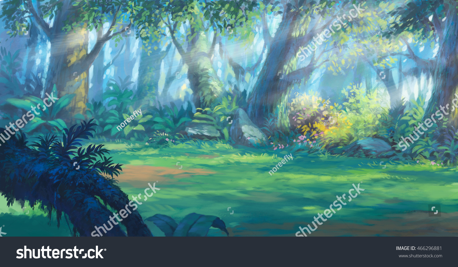幻想の森の中の日の出の朝の絵のイラスト のイラスト素材