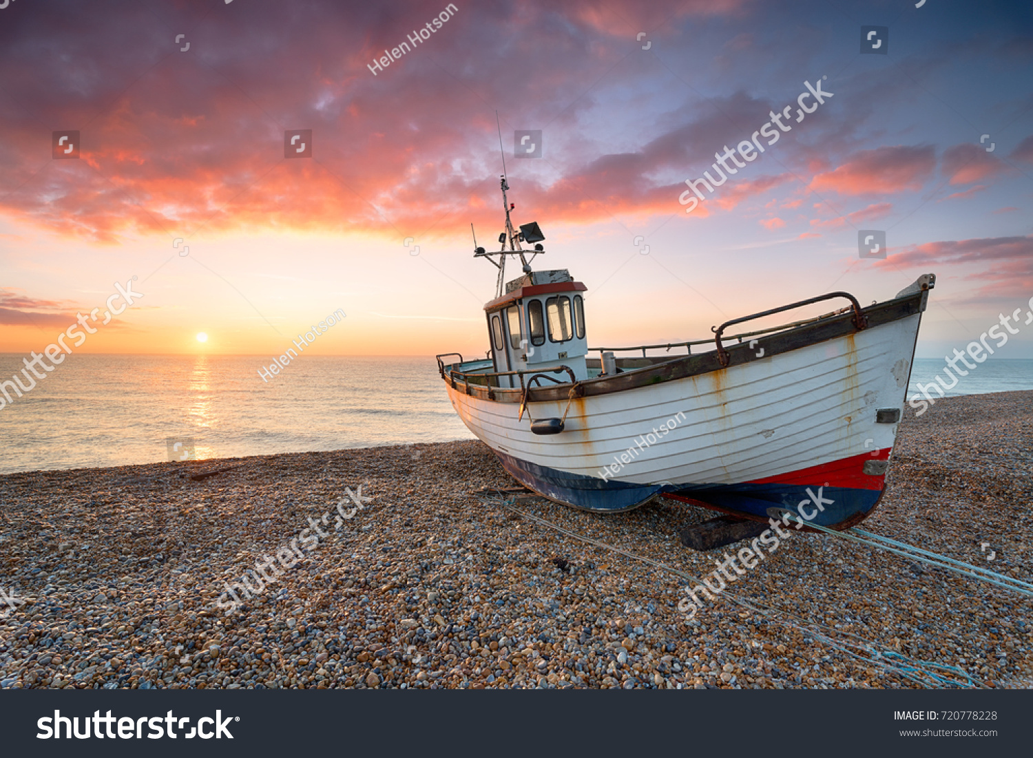 Print on Canvas Beautiful sunrise old wooden fishing boat on pebble beach 30x20" 