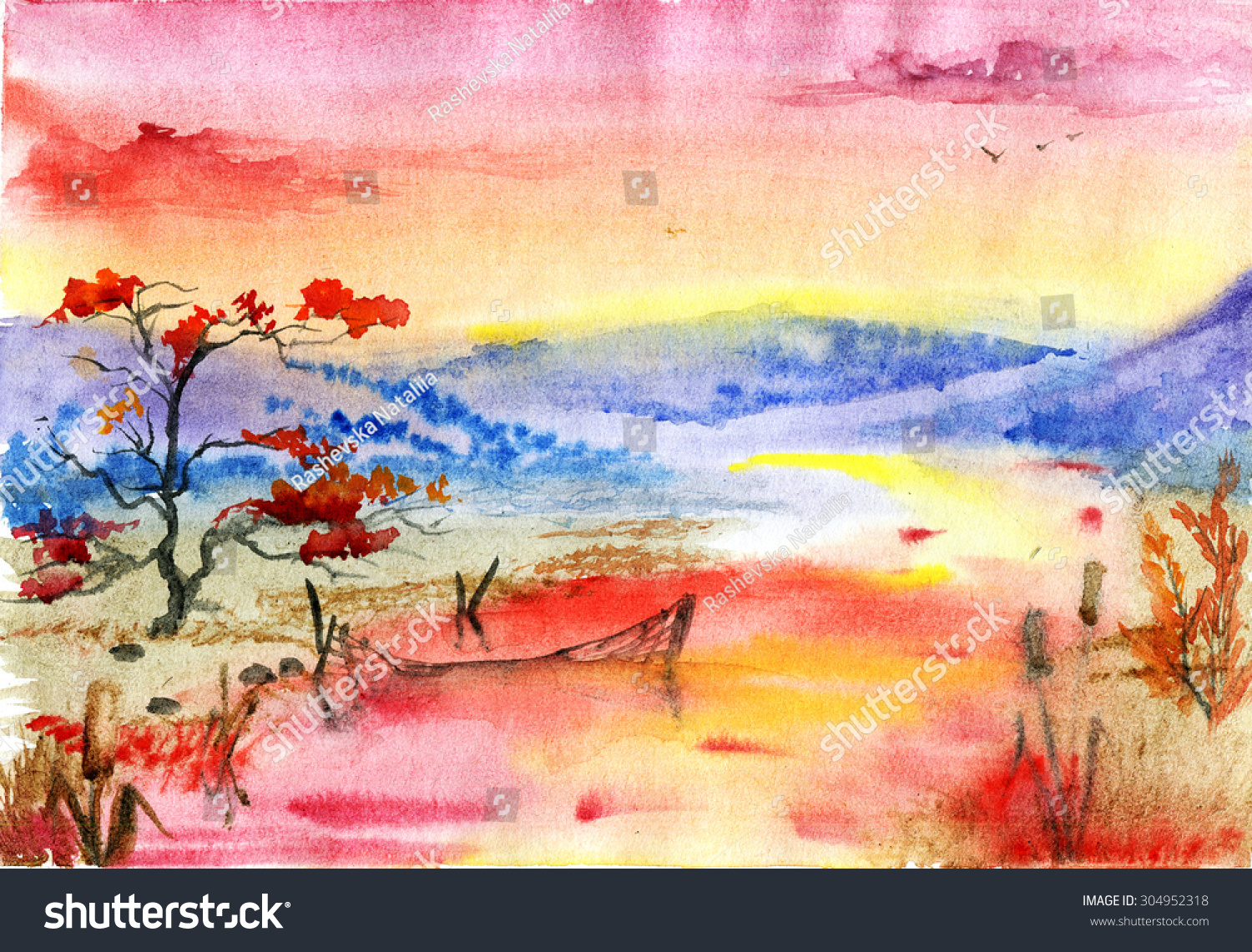 Sunset Mountains River Drawing Water Color Stock Illustration
