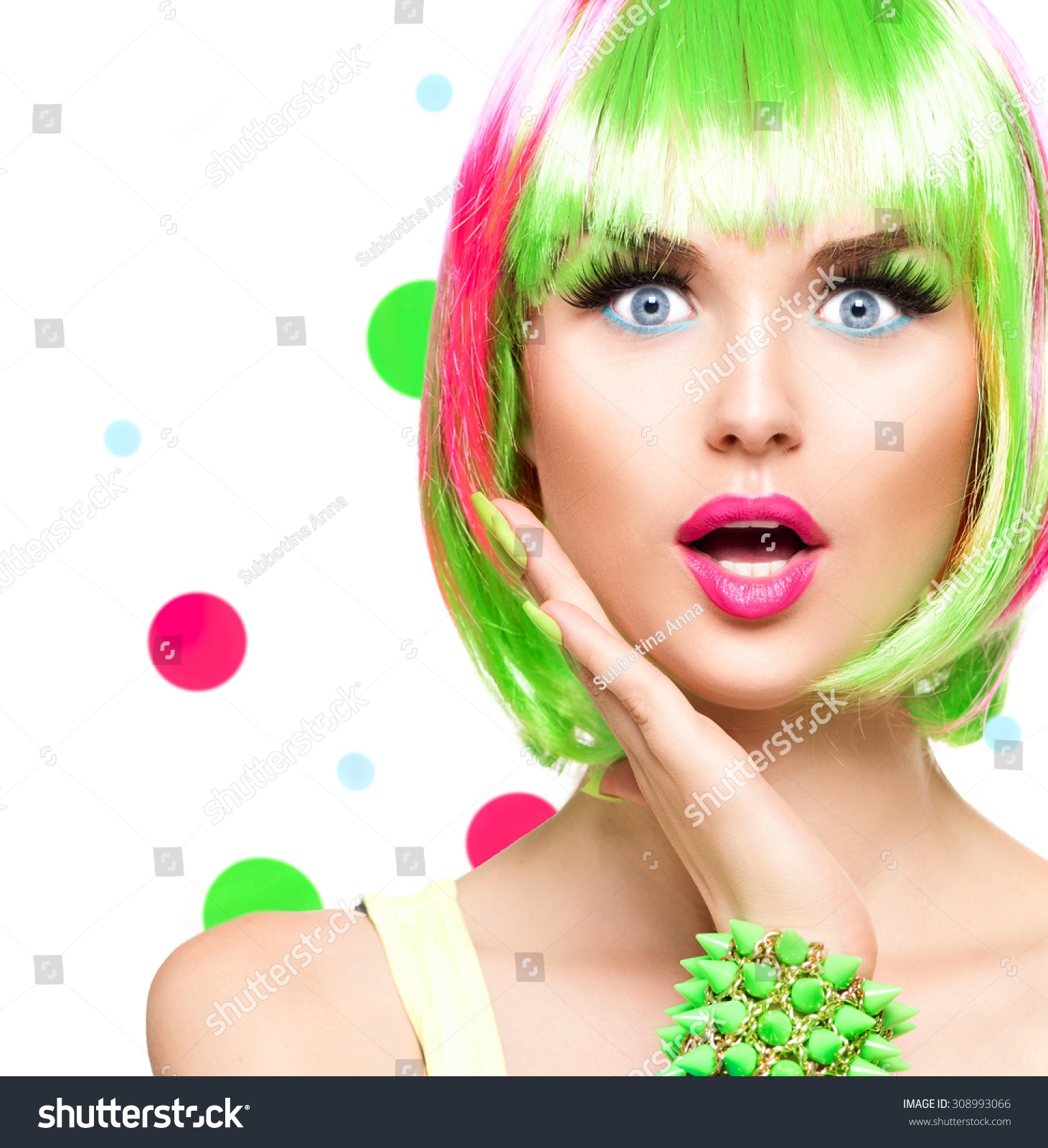 Surprised Beauty Fashion Model Girl With Colorful Dyed Hair, Nails ...