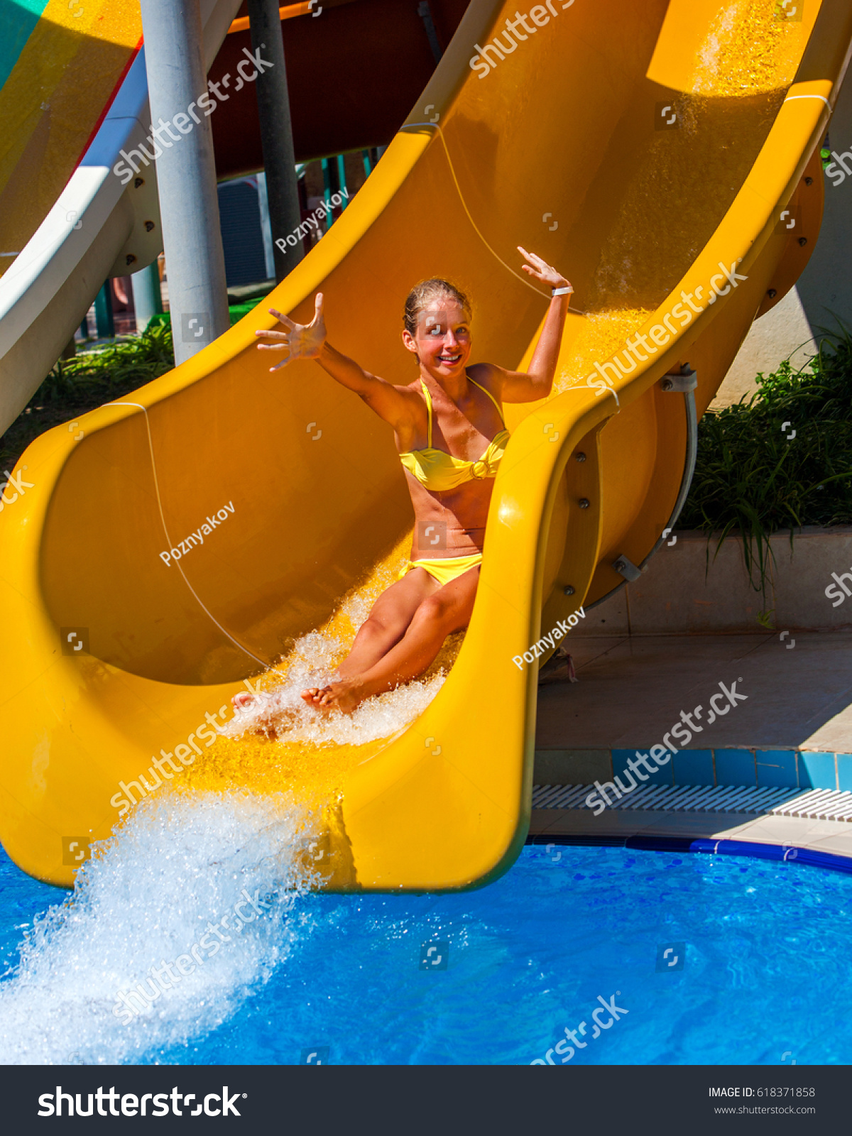 Swimming Pool Slides Child On Blue Stock Photo Edit Now 618371858