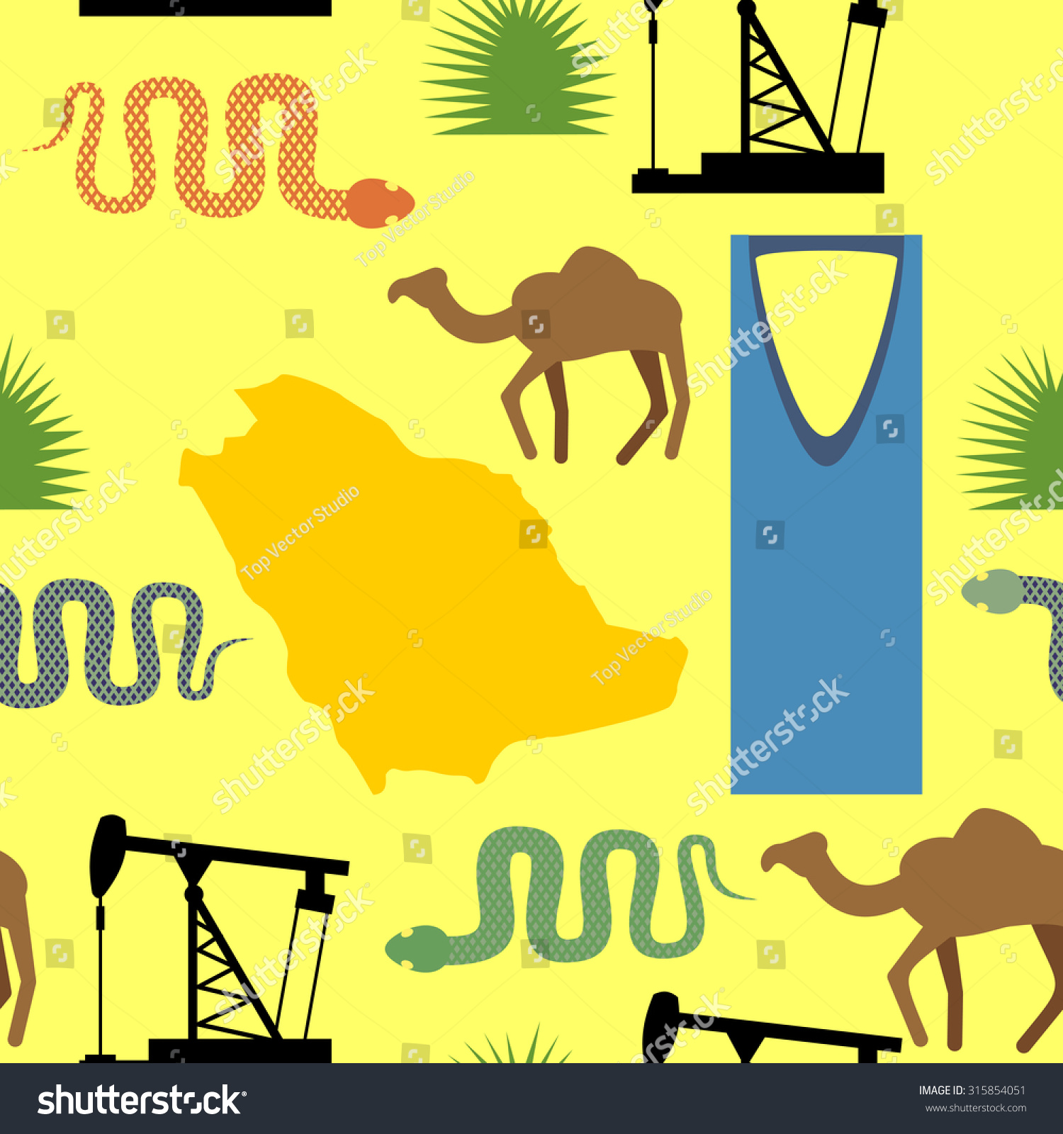 Symbols Of Saudi Arabia Seamless Pattern. Desert And Oil Pumps, Snakes ...