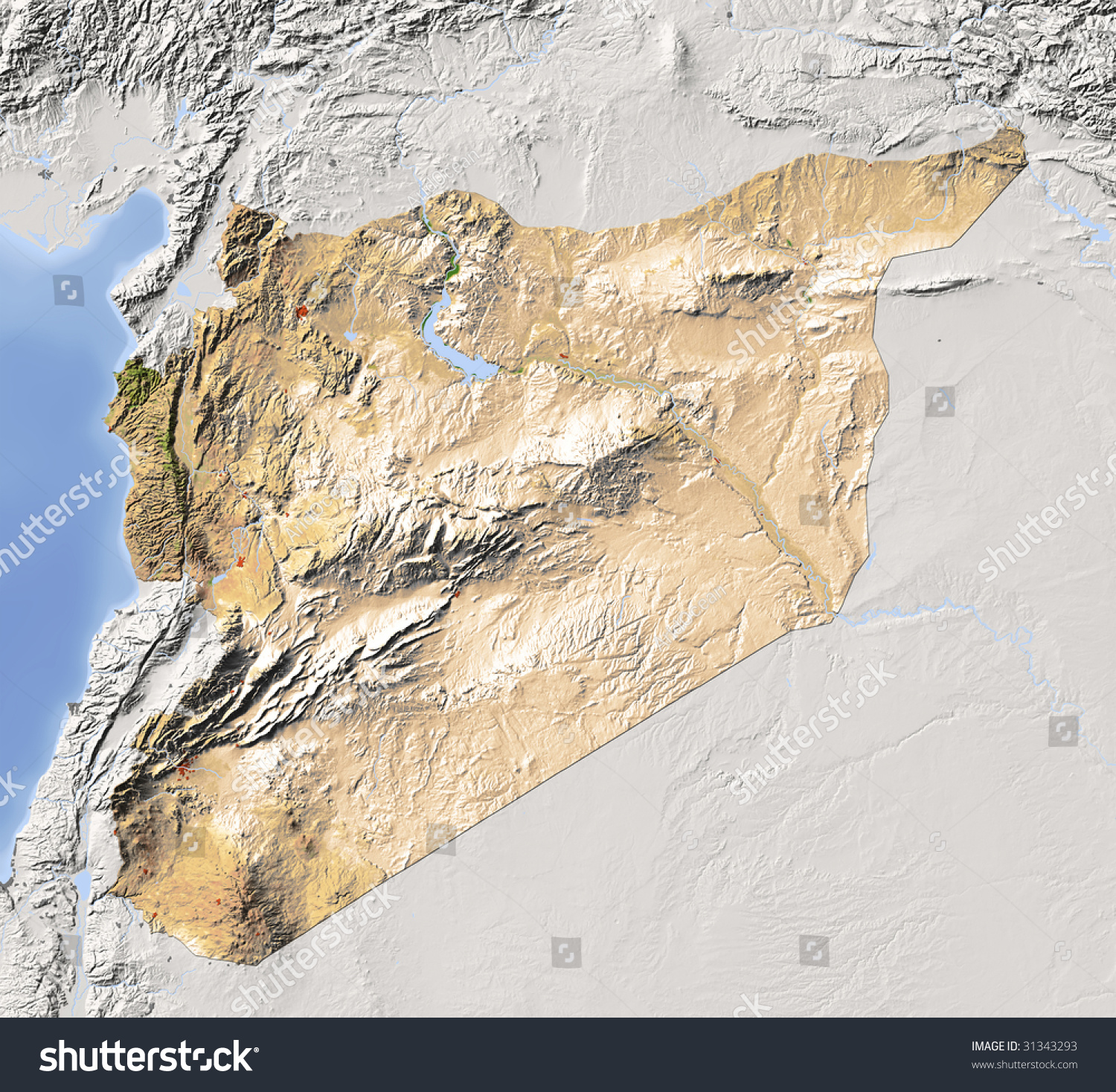 Syria. Shaded Relief Map. Surrounding Territory Greyed Out. Colored ...