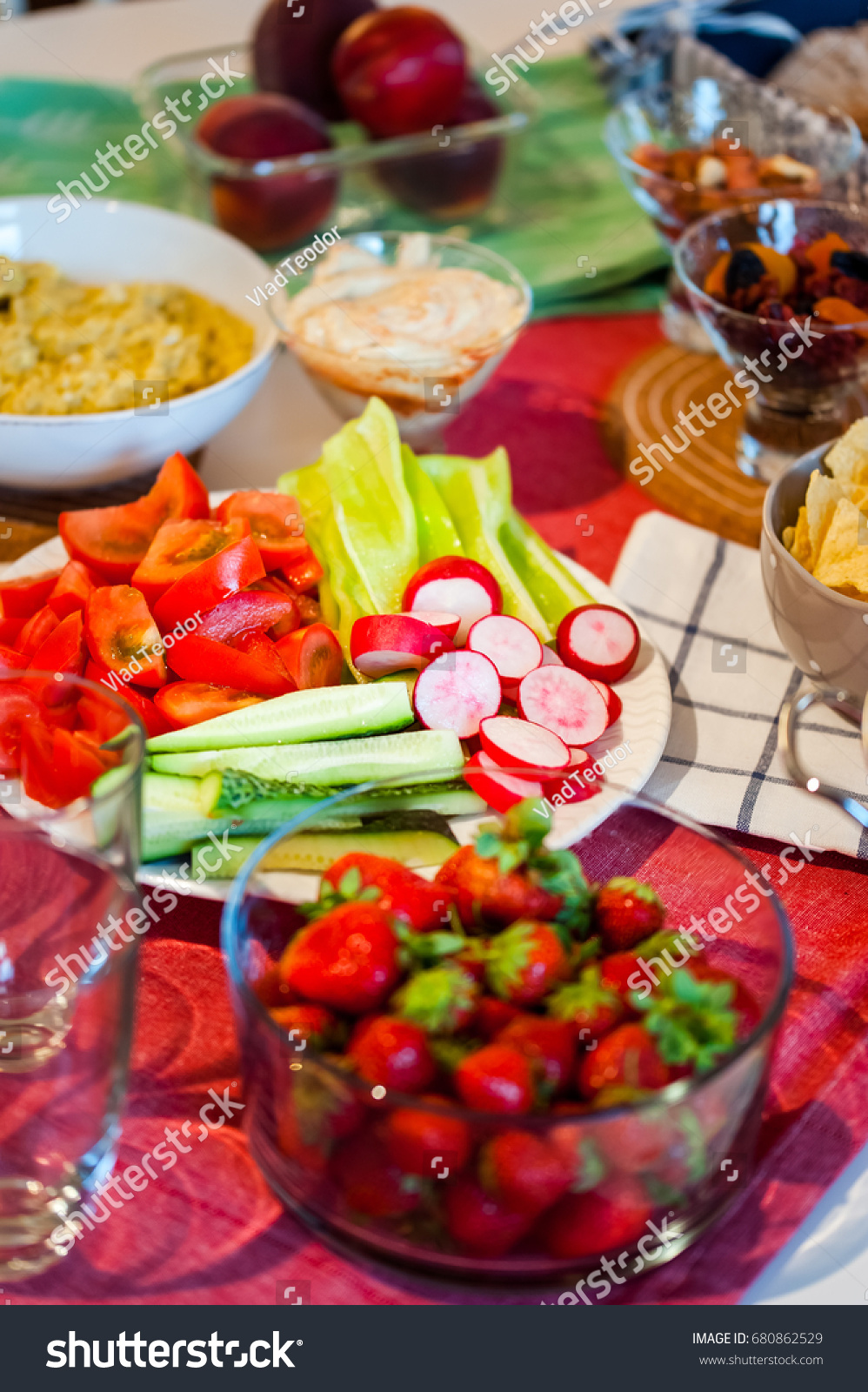 Table Served Fruits Vegetable Dishes Bowl Stock Photo Edit Now 680862529