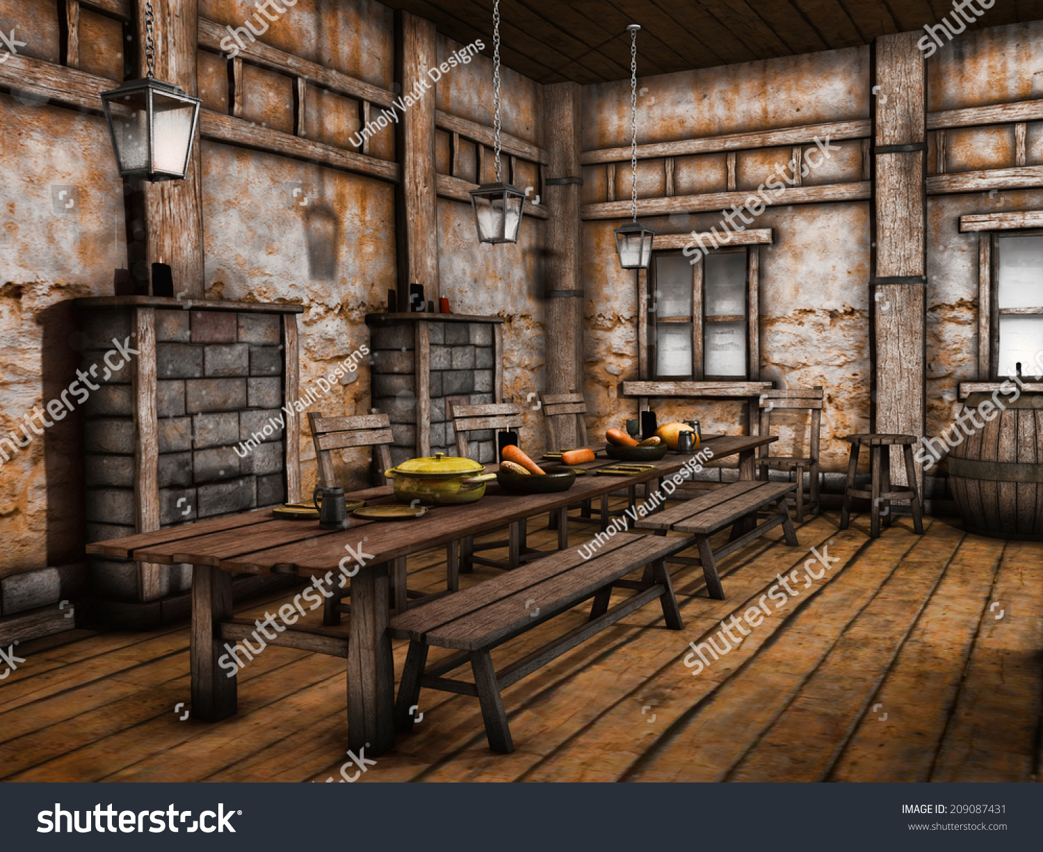 Tables Benches Old Wooden Tavern: ilustrações stock 209087431