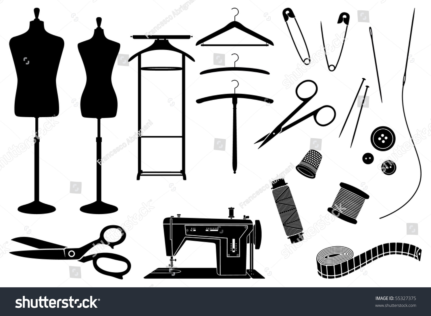 Tailor'S Objects And Equipment Black And White Silhouettes Stock Photo ...