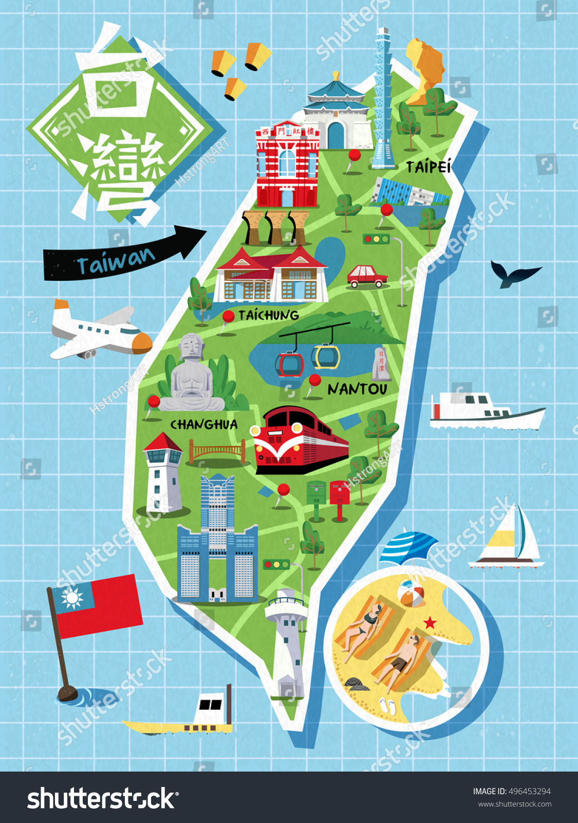 Taiwan Travel Map Chinese Characters Writing Stock Illustration