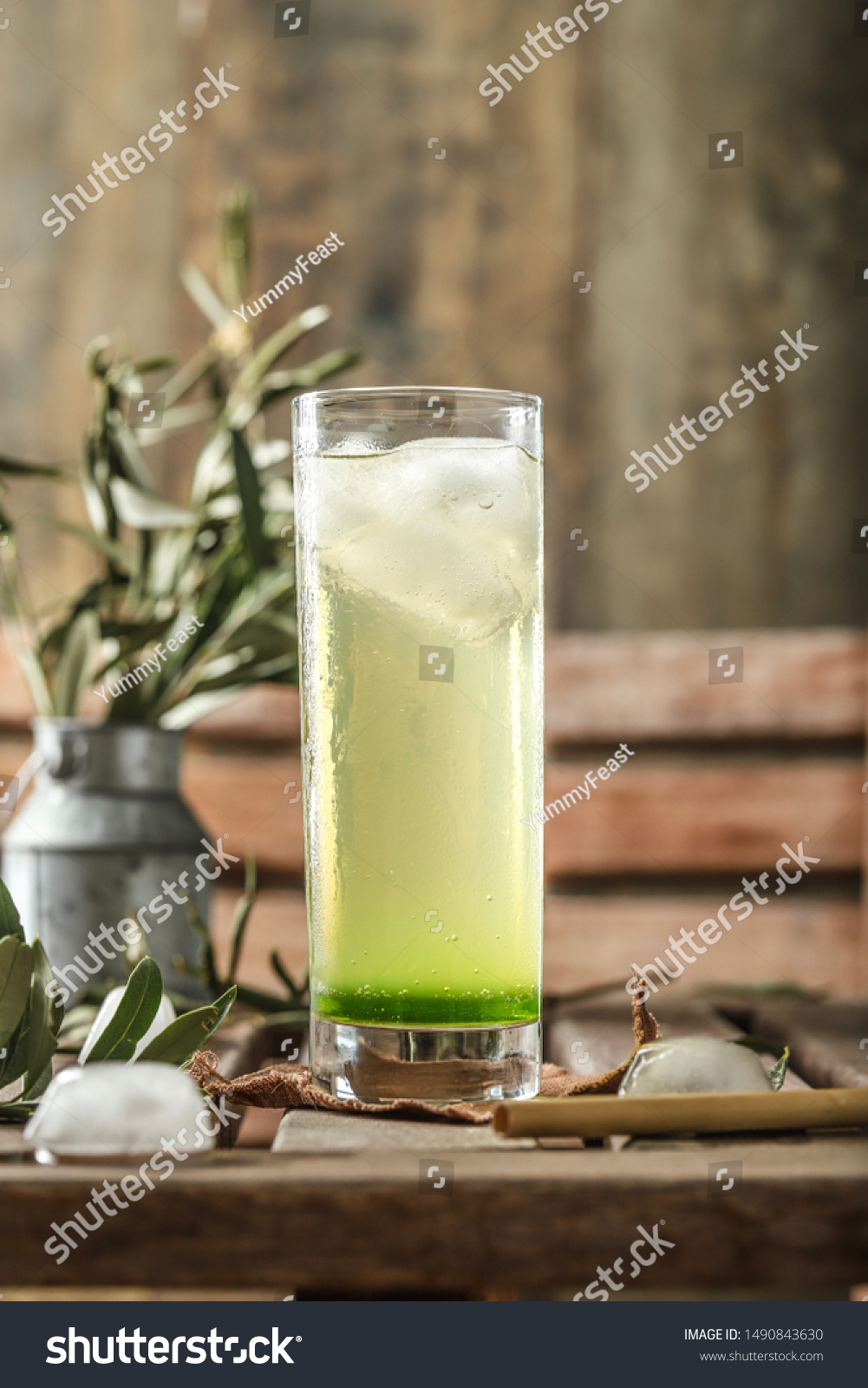 Download Tall Glass Green Yellow Fresh Cocktail Stock Photo Edit Now 1490843630 Yellowimages Mockups
