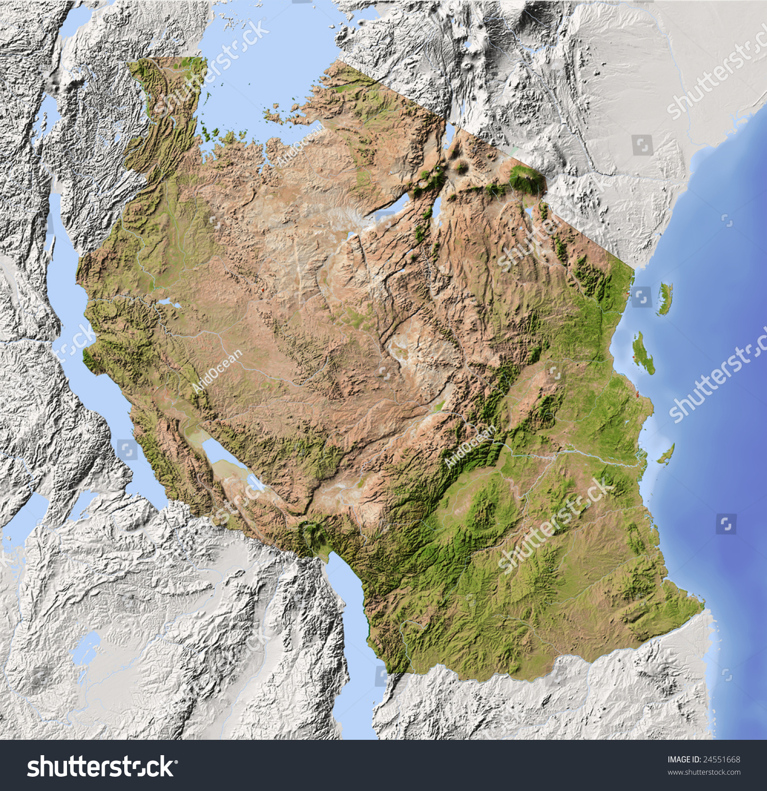 Tanzania Shaded Relief Map Surrounding Territory Stock Illustration