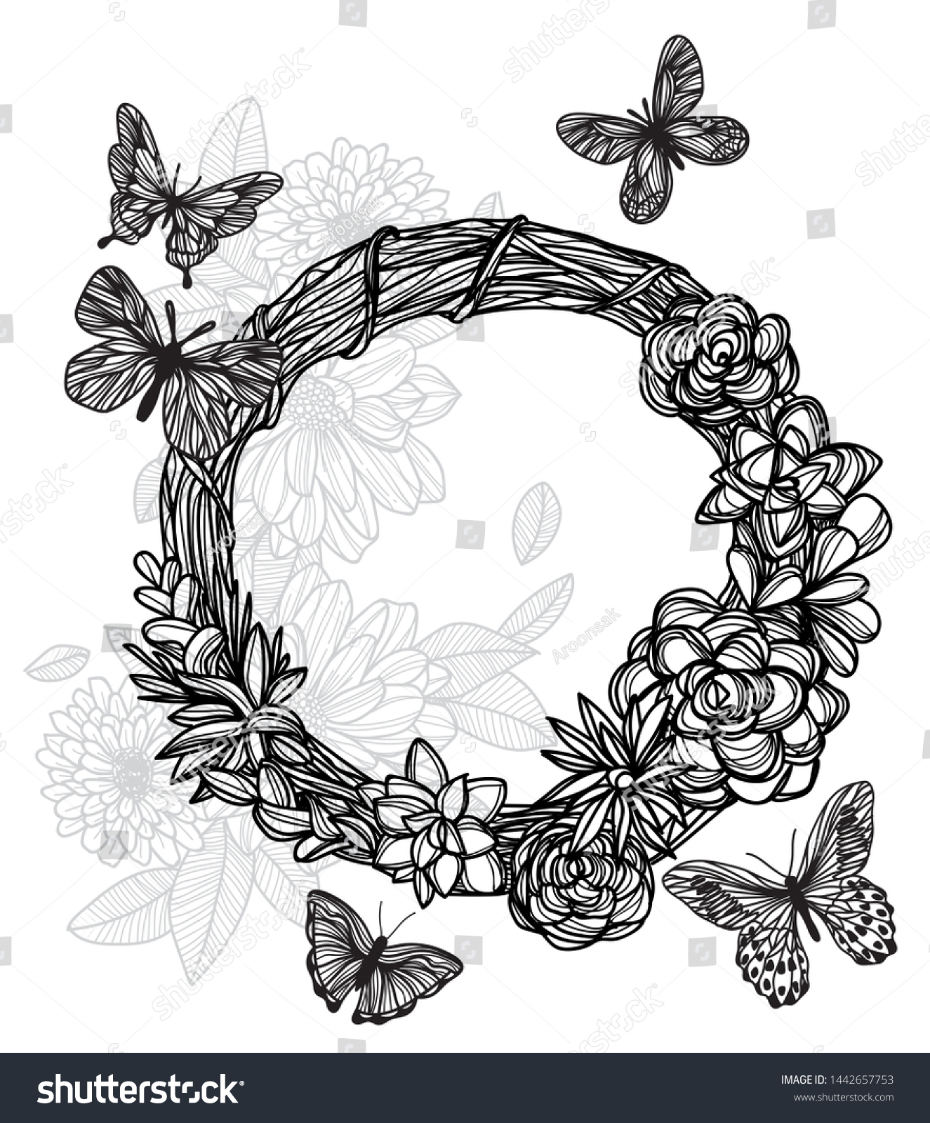 Tattoo Butterfly Flower Hand Drawing Sketch Stock Illustration 1442657753