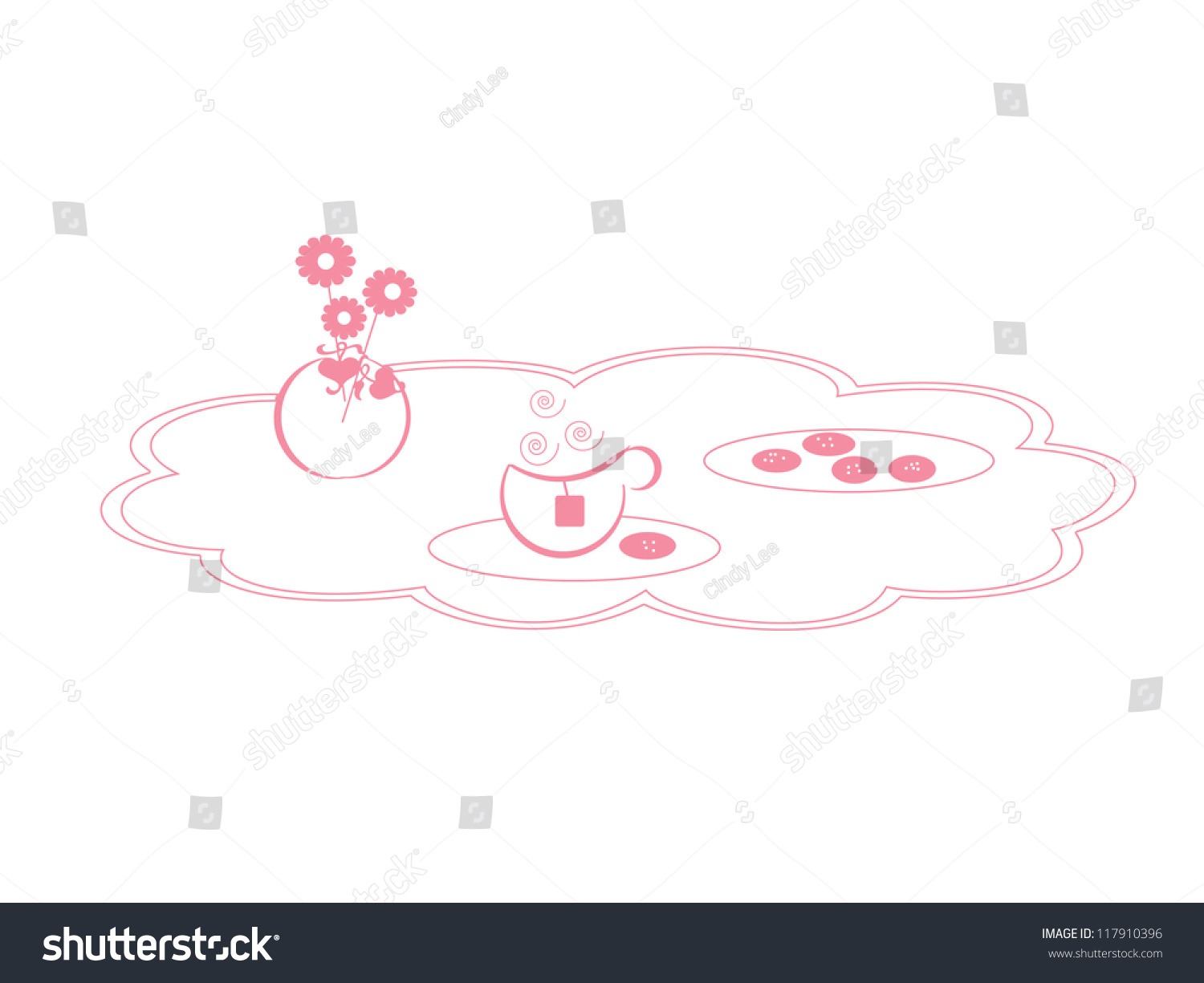 pink tea set with flowers and cookies clip art preview