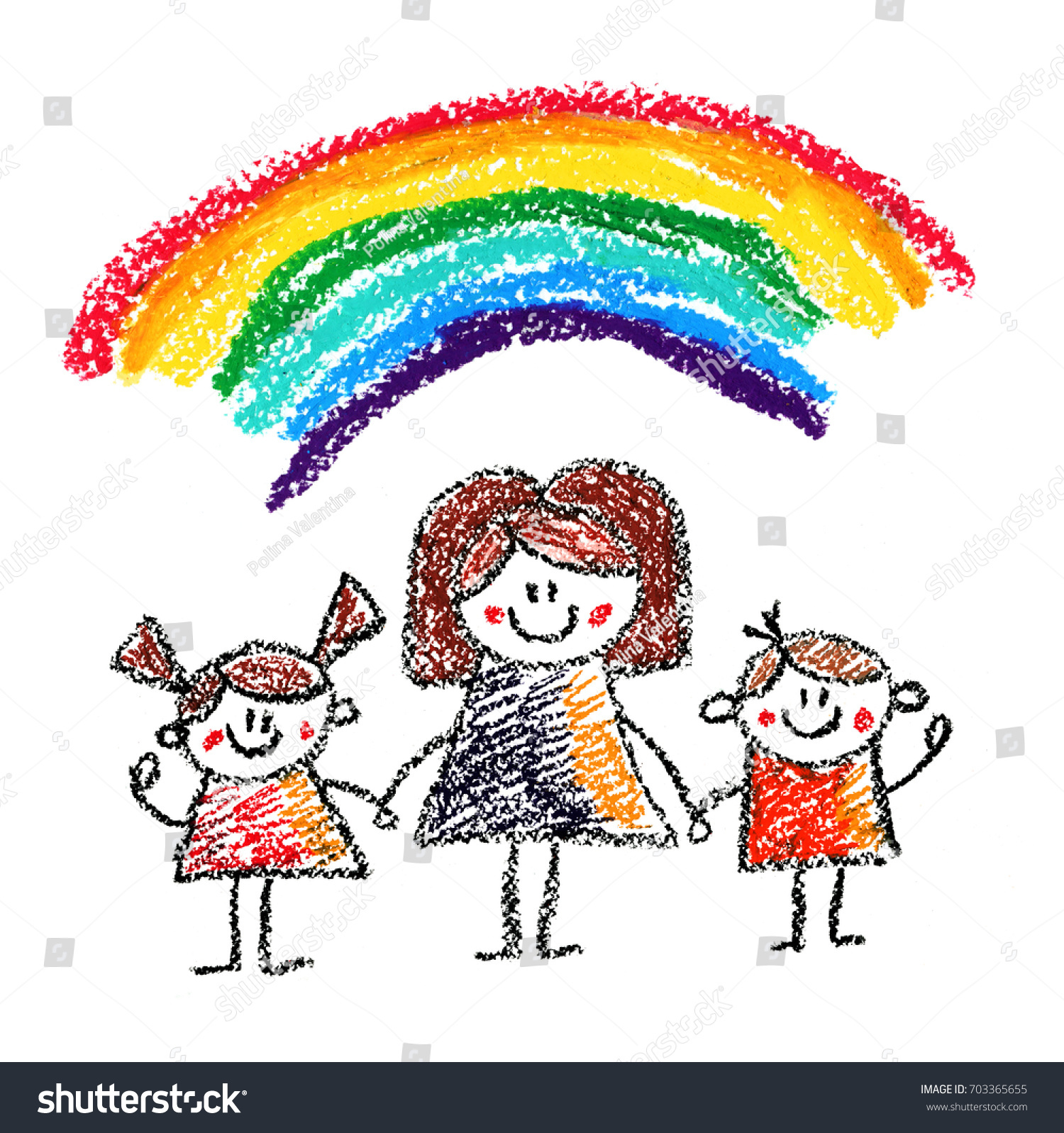 小さな子どもを持つ教師クレヨン子どもを描く子供を描くスタイルのチョークイラスト母親と子どもを持つ幼稚園児と女の子 のイラスト素材