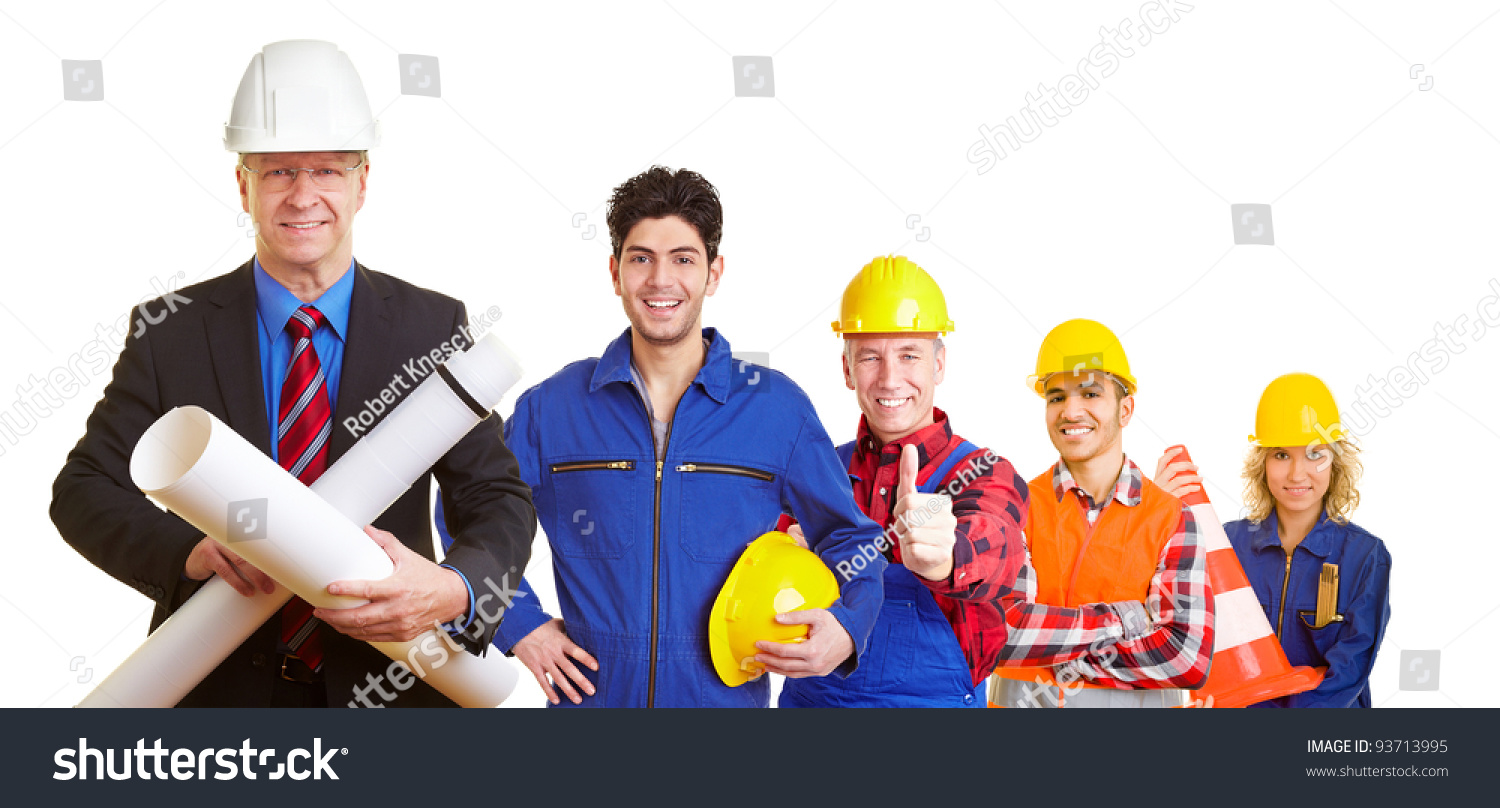 Team Of An Architect And Construction Workers Working Together Stock ...