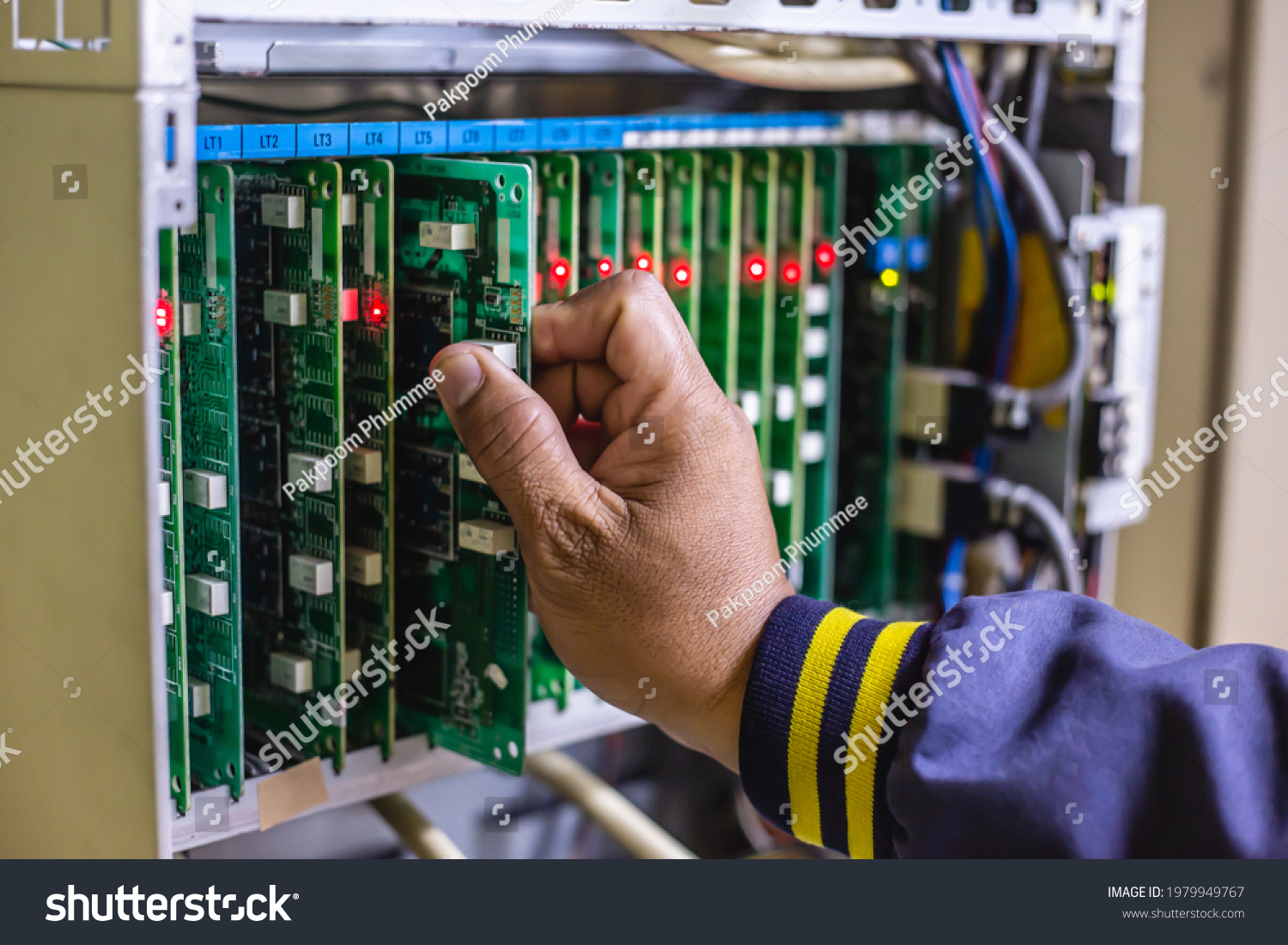 Technician Engineer Changes Motherboard Pbx Telephone Stock Photo