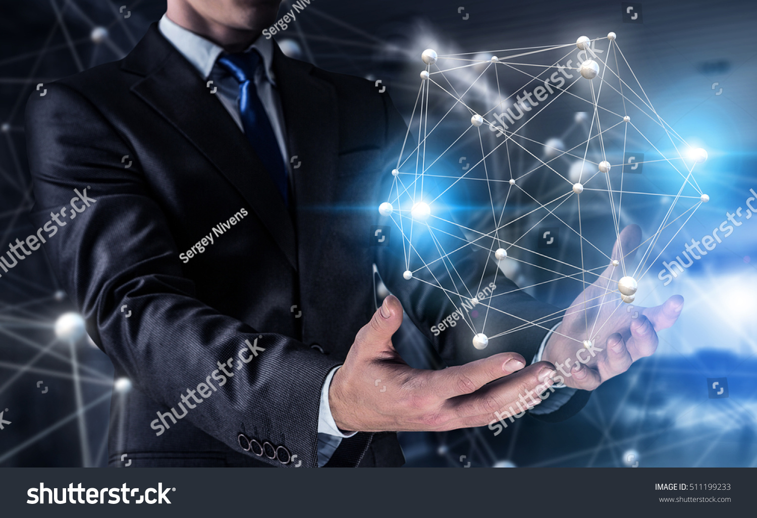  Navy Blue Dual Curve Template Design Featuring Technologies Connecting the World Mixed Media