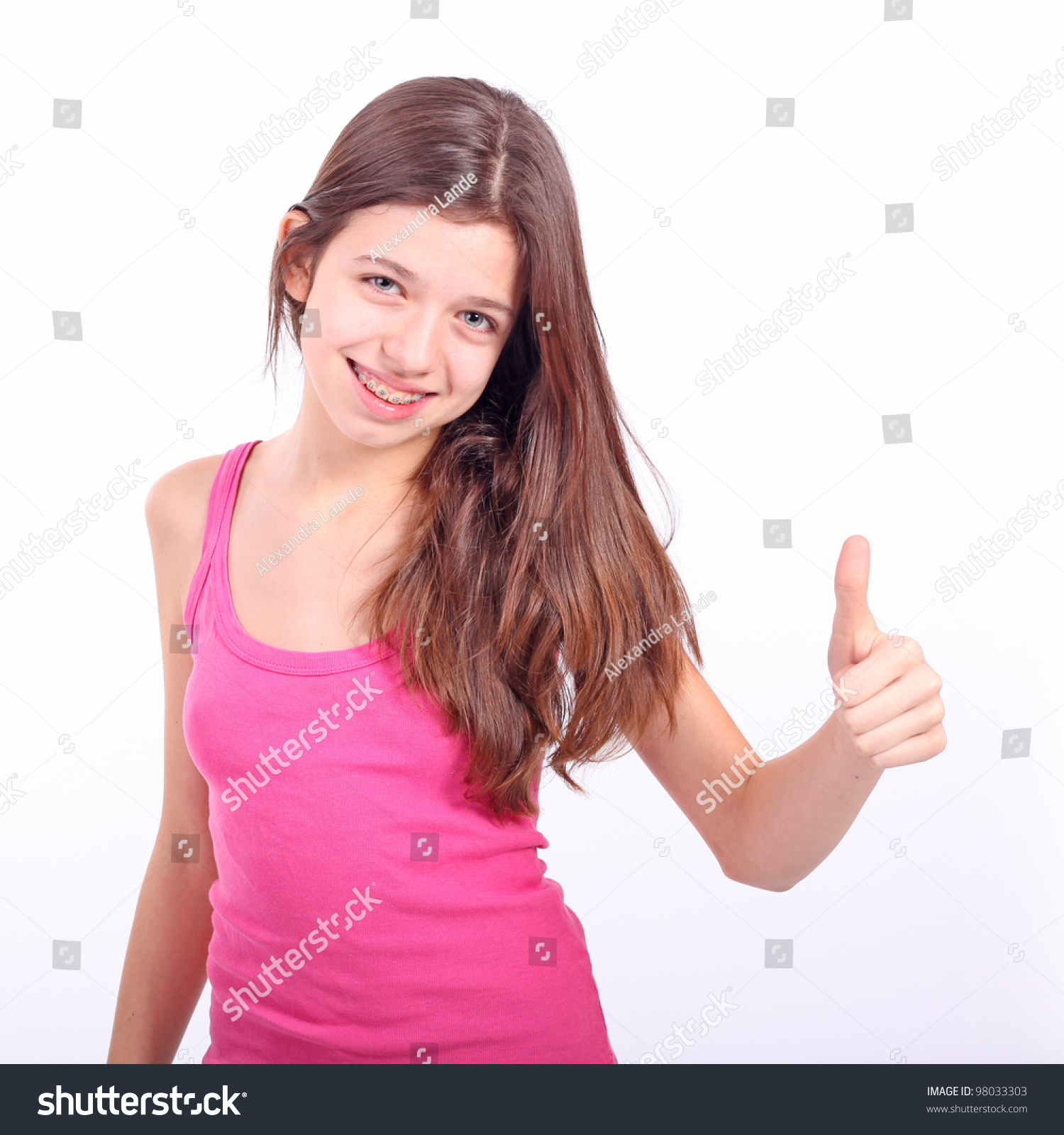 Teen Beauty Caucasian Girl Showing Her Thumbs Up. Isolated On White ...