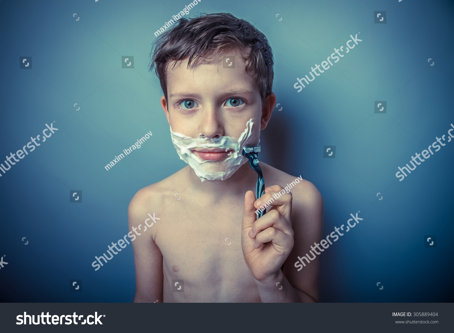 Teen boy shirtless European appearance in brown hair foam 