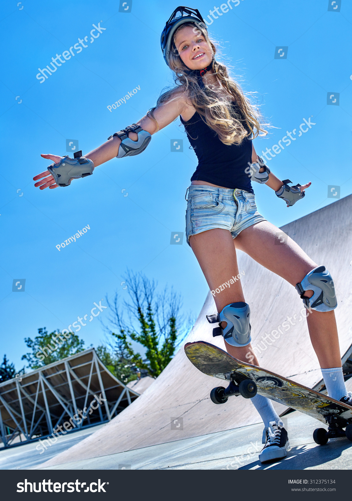 Teen Skateboarding His Skateboard Outdoor. Girl Do Stunt . Stock Photo ...