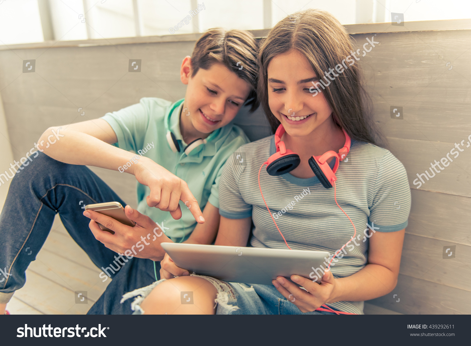 Teenage Boy Girl Headphones Using Gadgets Stock Photo 439292611 ...