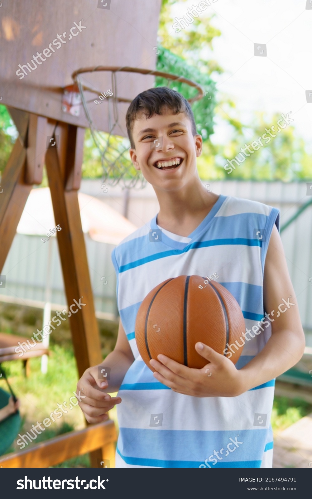 Teenage Boy Playing Basketball Backyard Outdoor Stock Photo 2167494791 ...