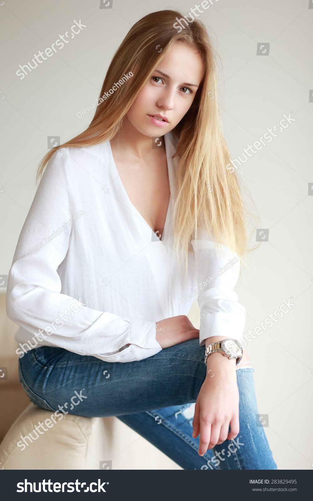 Teenage Girl Sitting White Shirt Blue Stock Photo Edit Now
