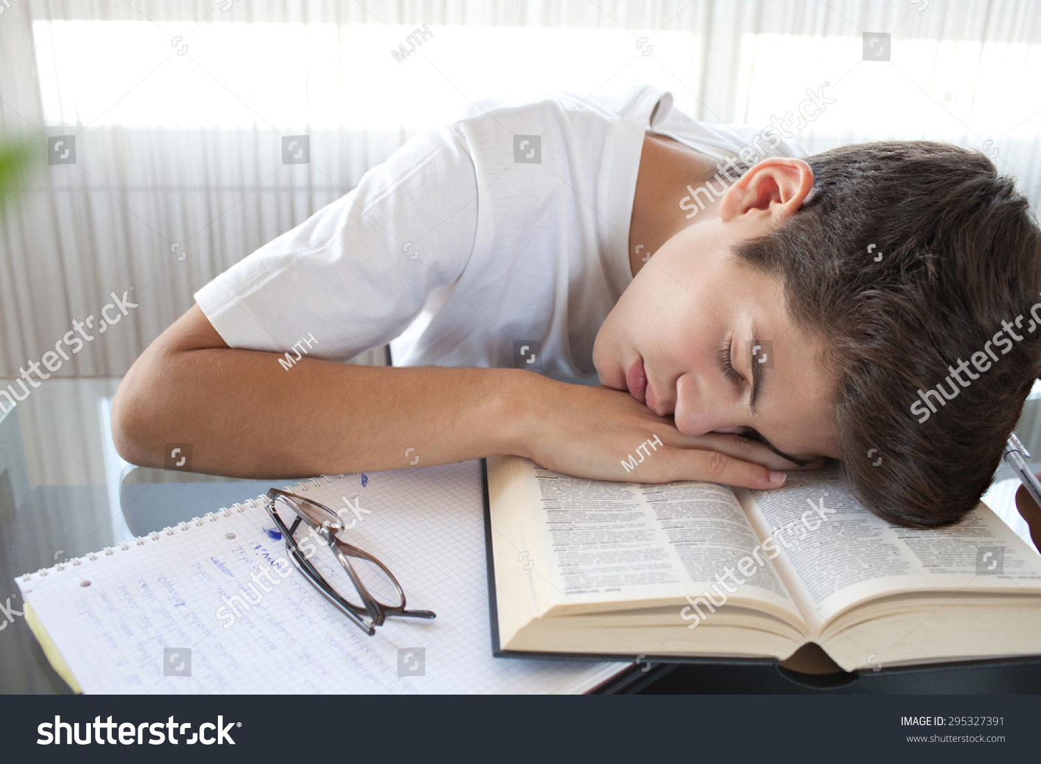 Teenager Boy Sleeping Home Desk Doing Stock Photo Edit Now 295327391