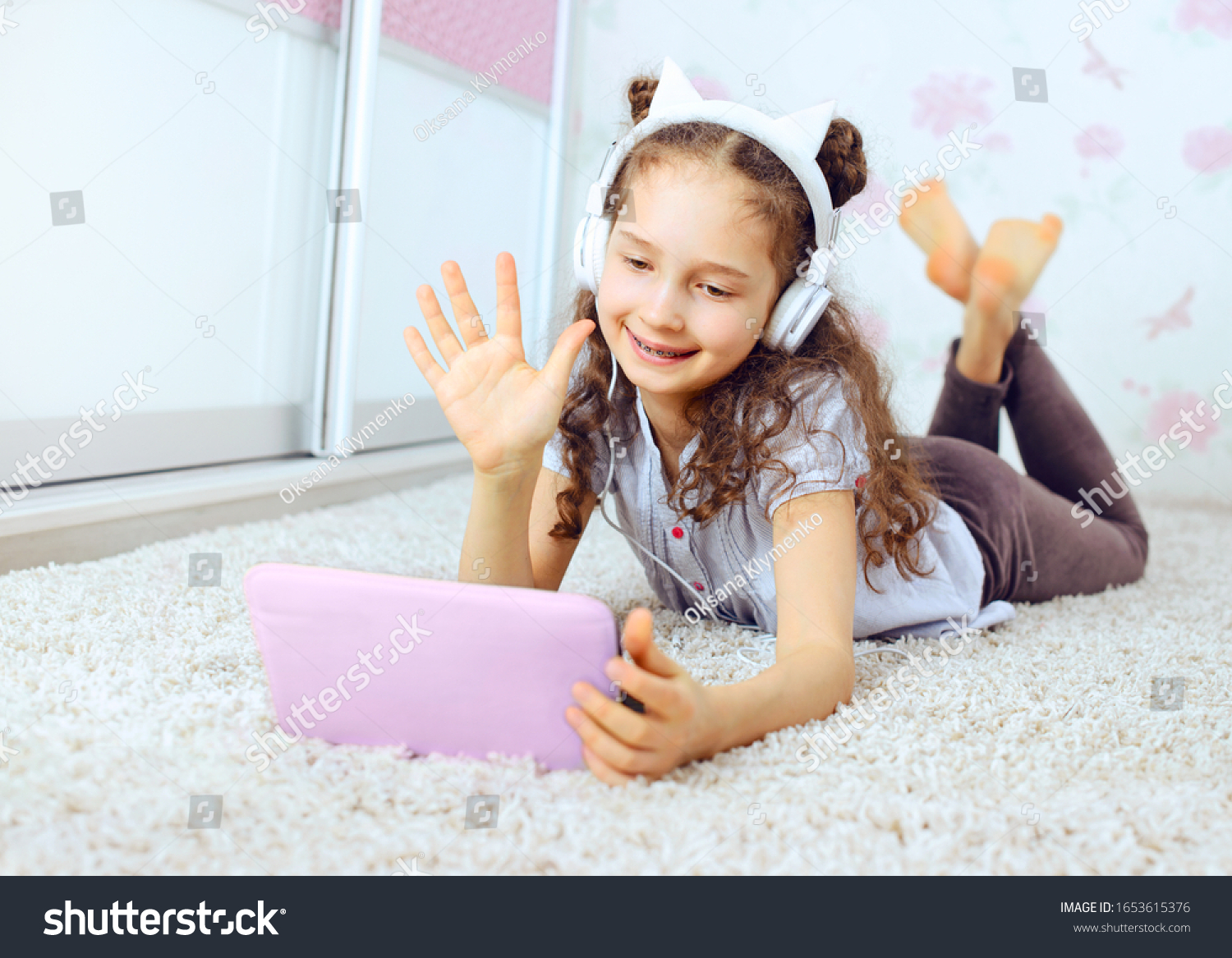 Teenager Girl Connected Communicate Tablet Laying Stock Photo ...