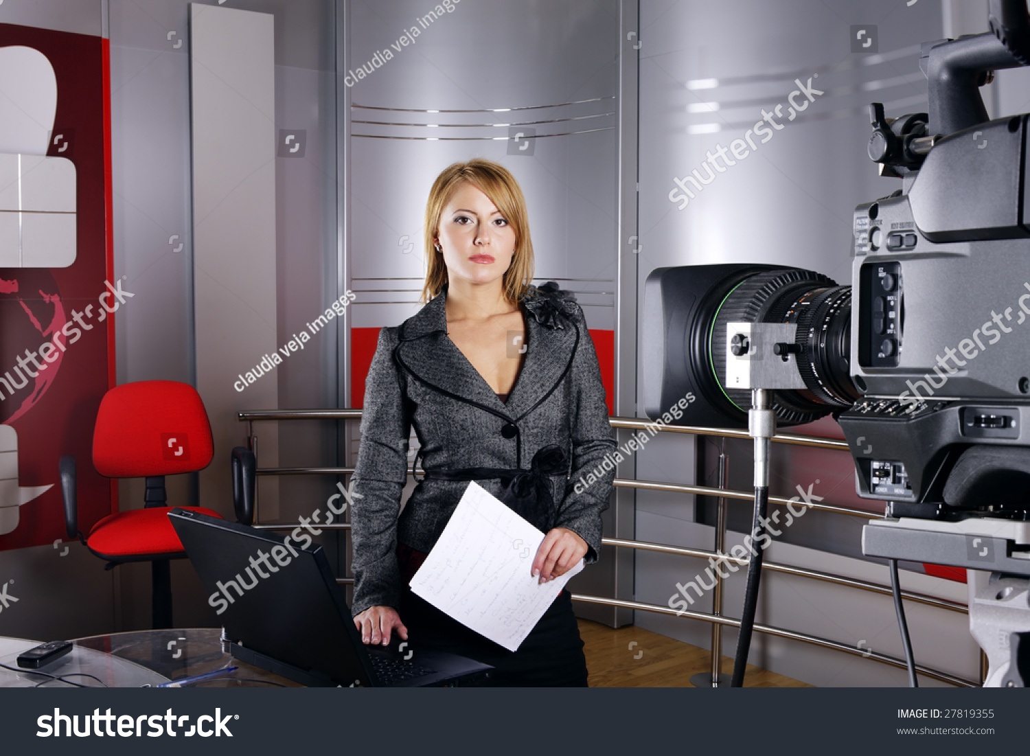 Television News Reporter In Front Of The Video Camera Studio Live Transmission Television News Reporter In Front Of The Video Camera Studio Live Transmission