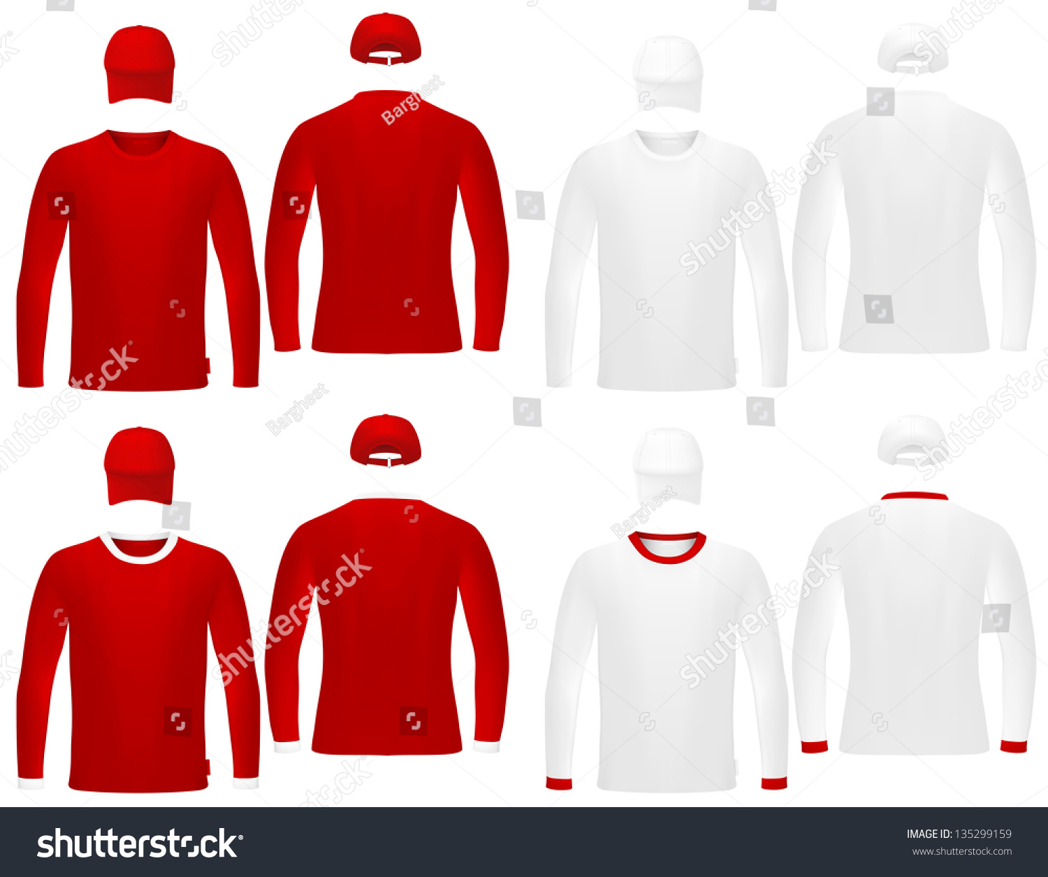 Template Set: Long Sleeve Red Blank T-Shirts And Hats. Stock Photo ...