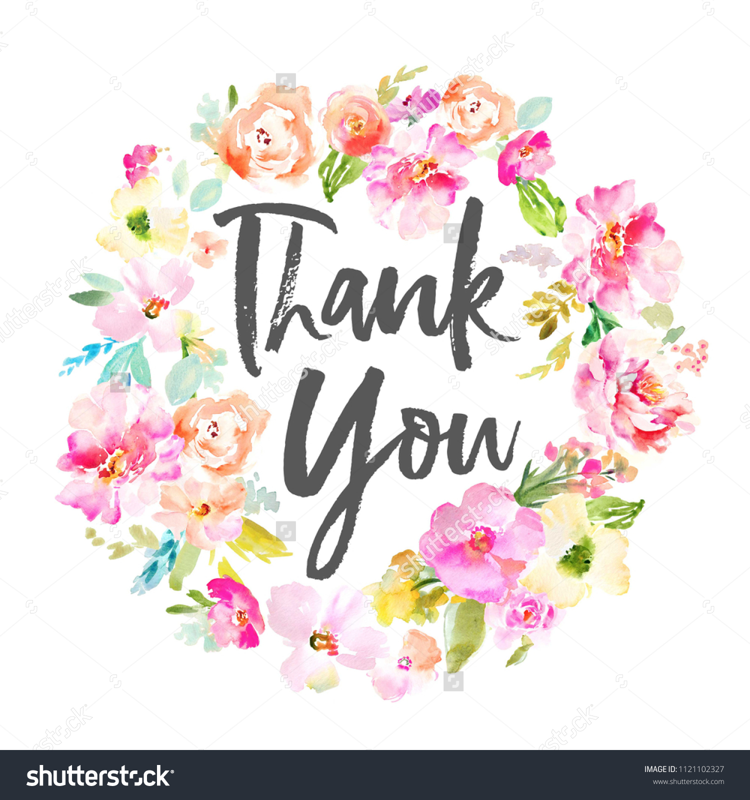 Thank You Calligraphy Text Watercolor Flower Stock Illustration 1121102327