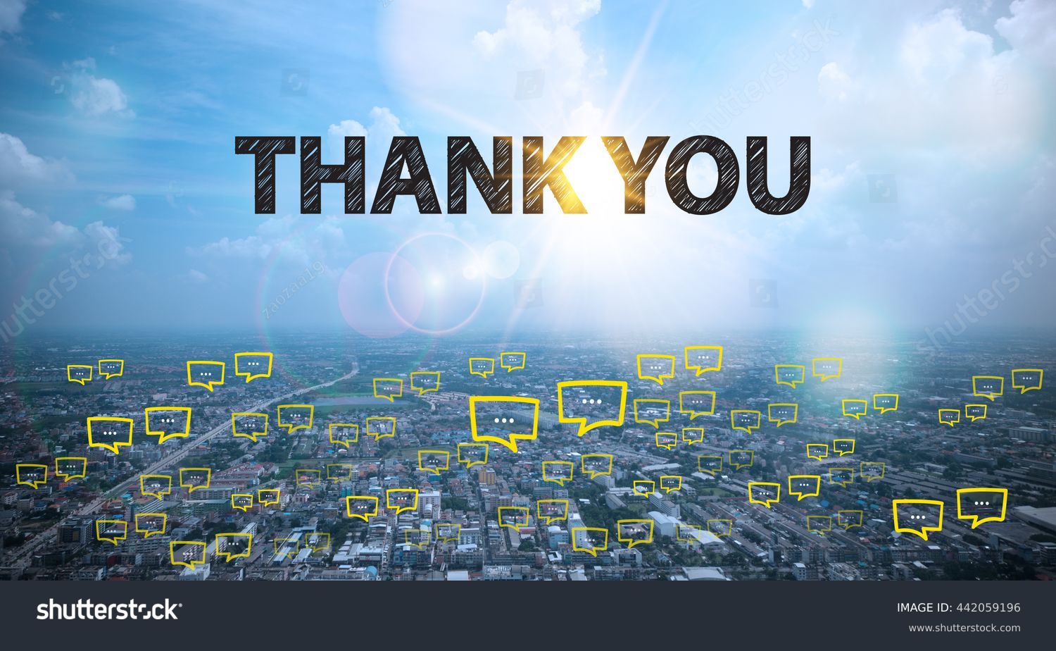 THANK YOU text on city and sky background with bubble chat ,business analysis and strategy as concept