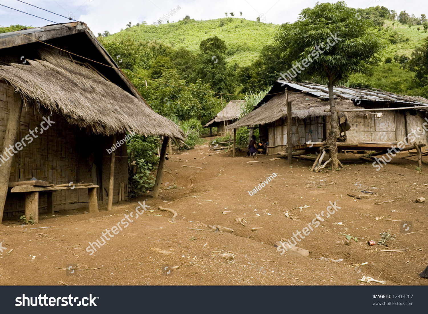 Thatched Huts In Hmong Village In Northern Laos. Stock Photo 12814207 ...