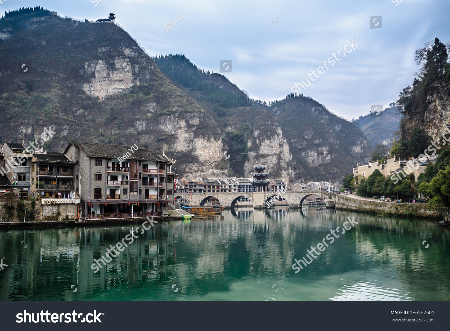 The Ancient Town Of Zhenyuan In Guizhou Province. Stock Photo 186592601 ...