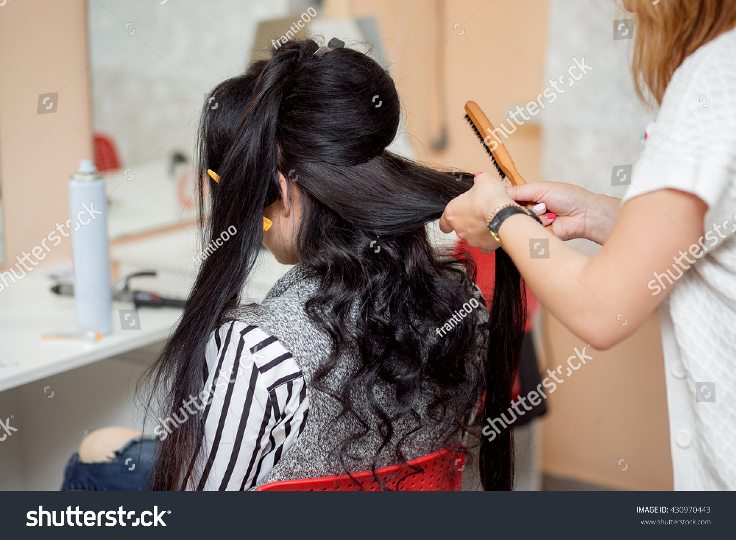 Barber Makes Evening Wedding Hairstyle Long Stock Photo