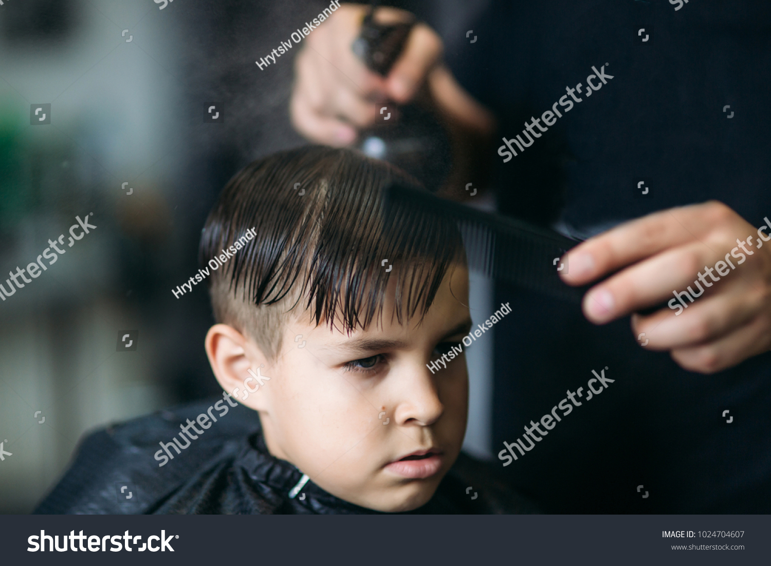 Boy Getting Haircut By Scissor Barbershop Stock Photo 1024704607 ...