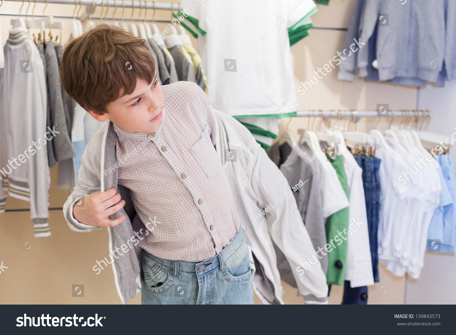 Boy Tries On Clothes Childrens Clothing Stock Photo 139843573 ...