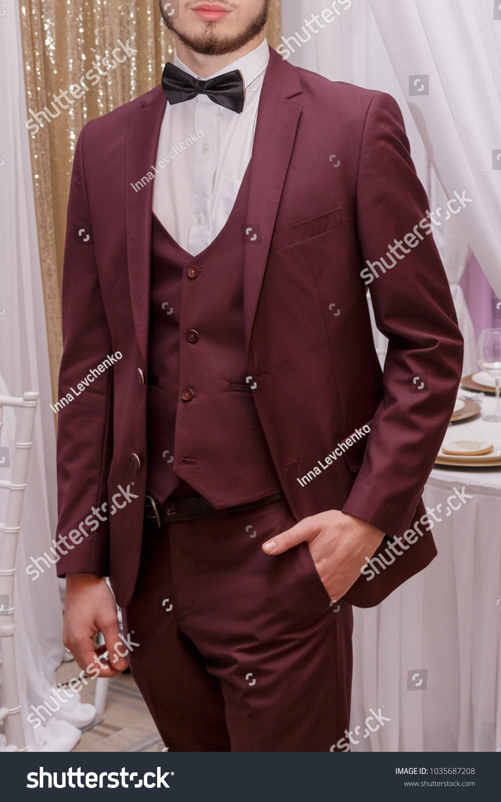 burgundy suit wedding