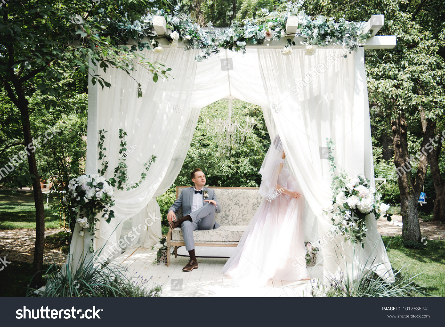 Bride Pink Dress Groom Gray Suit Stock Photo (Edit Now