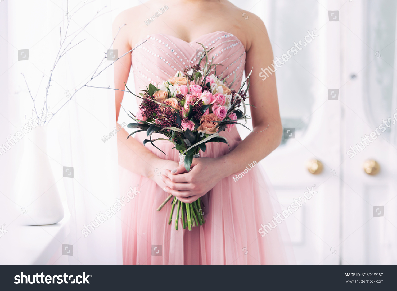 Bride Pink Wedding Dress Holds Hand Stock Photo Edit Now 395998960