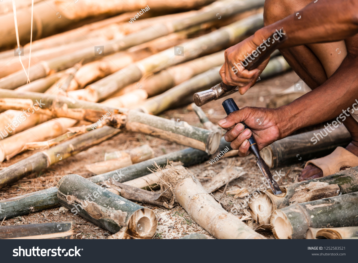 Carpenter Perforating Bamboo Make Furniture Stock Photo Edit Now