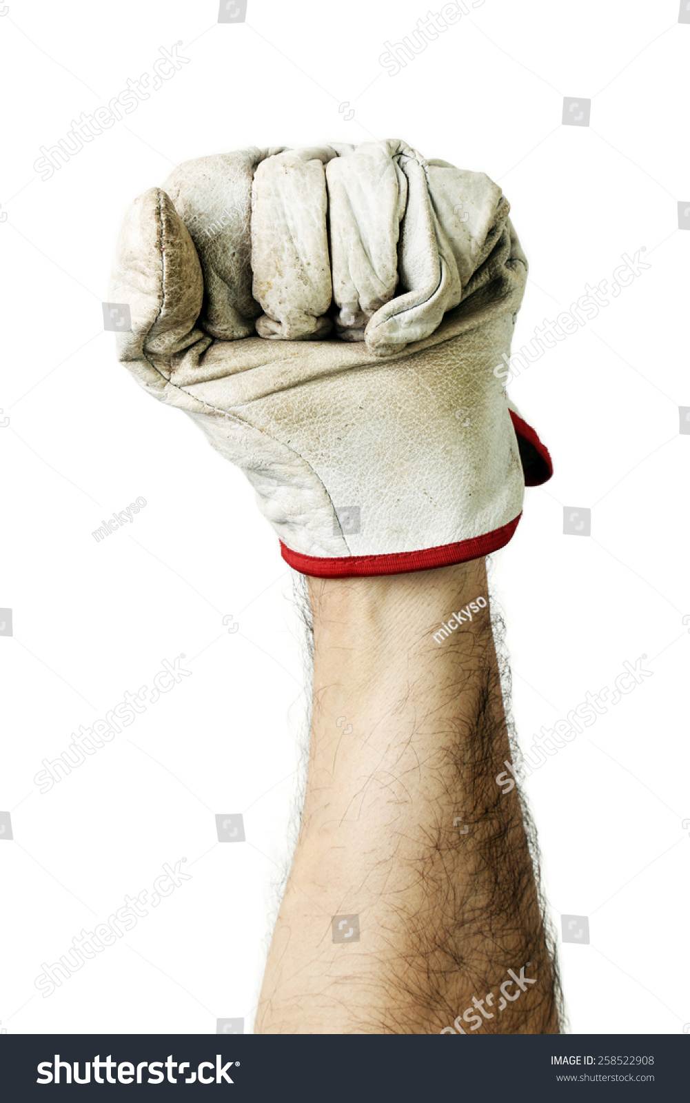 The Closed Fist Of A Worker In A Glove Pointing Upwards Stock Photo ...