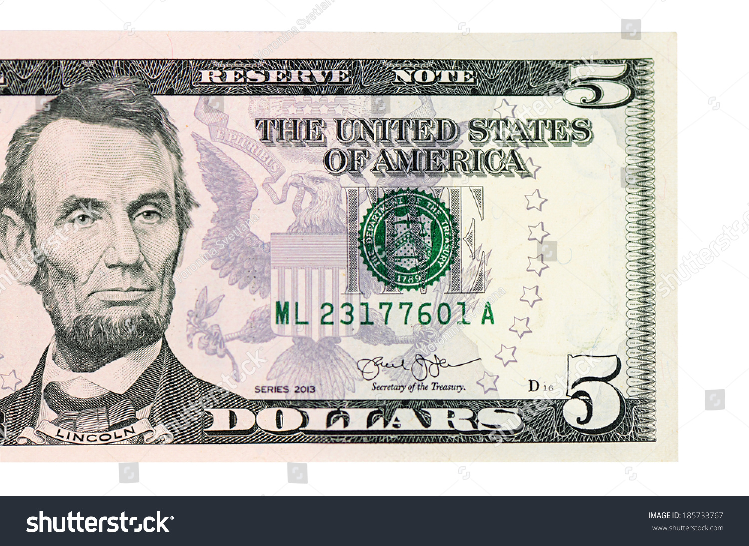 The Five Dollars Isolated On White Background Stock Photo 185733767 ...