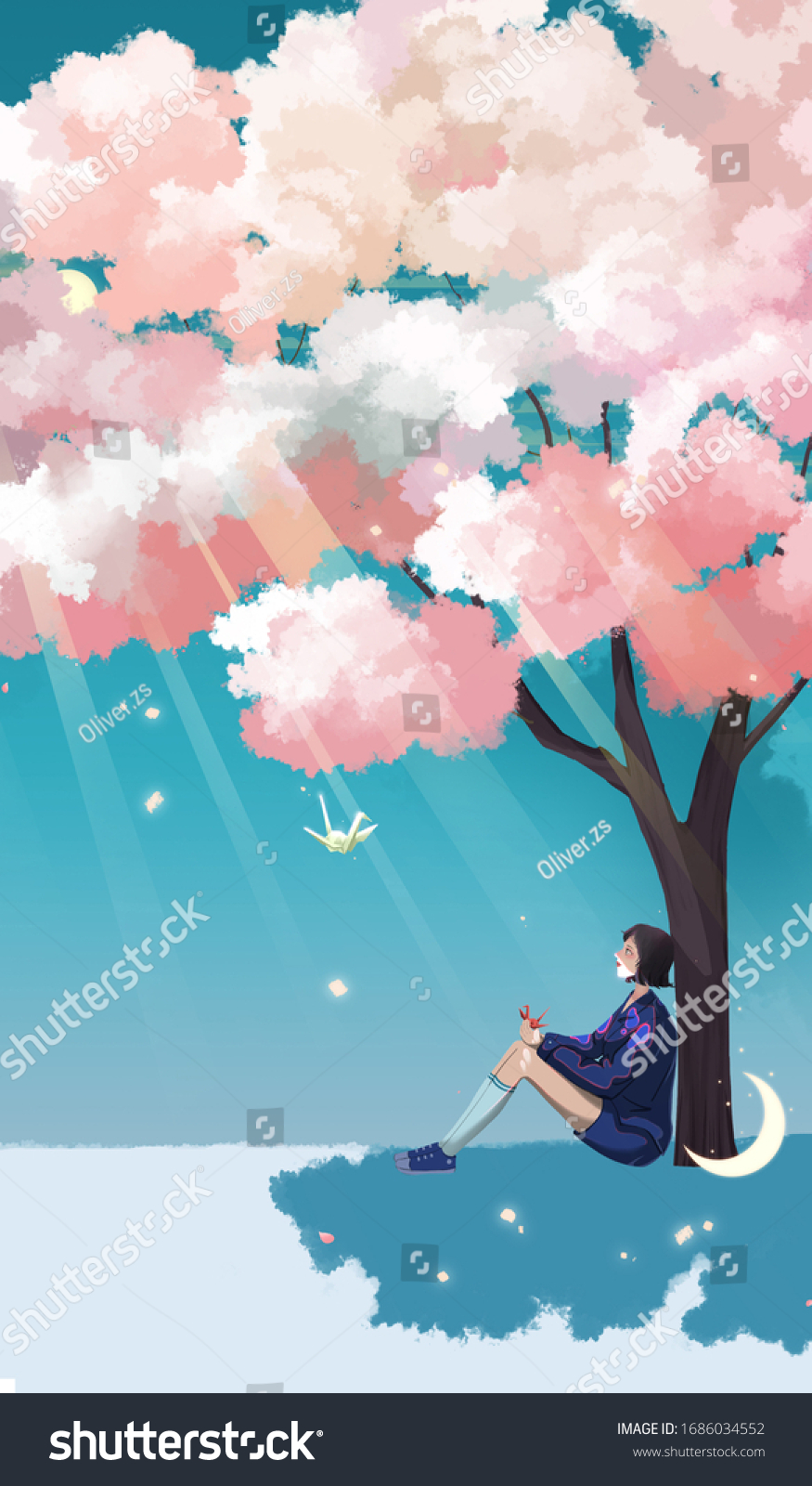 桜の木の下に座っている女の子は鶴を手に持っている 太陽の木と飛ぶ鶴 垂直イラスト のイラスト素材